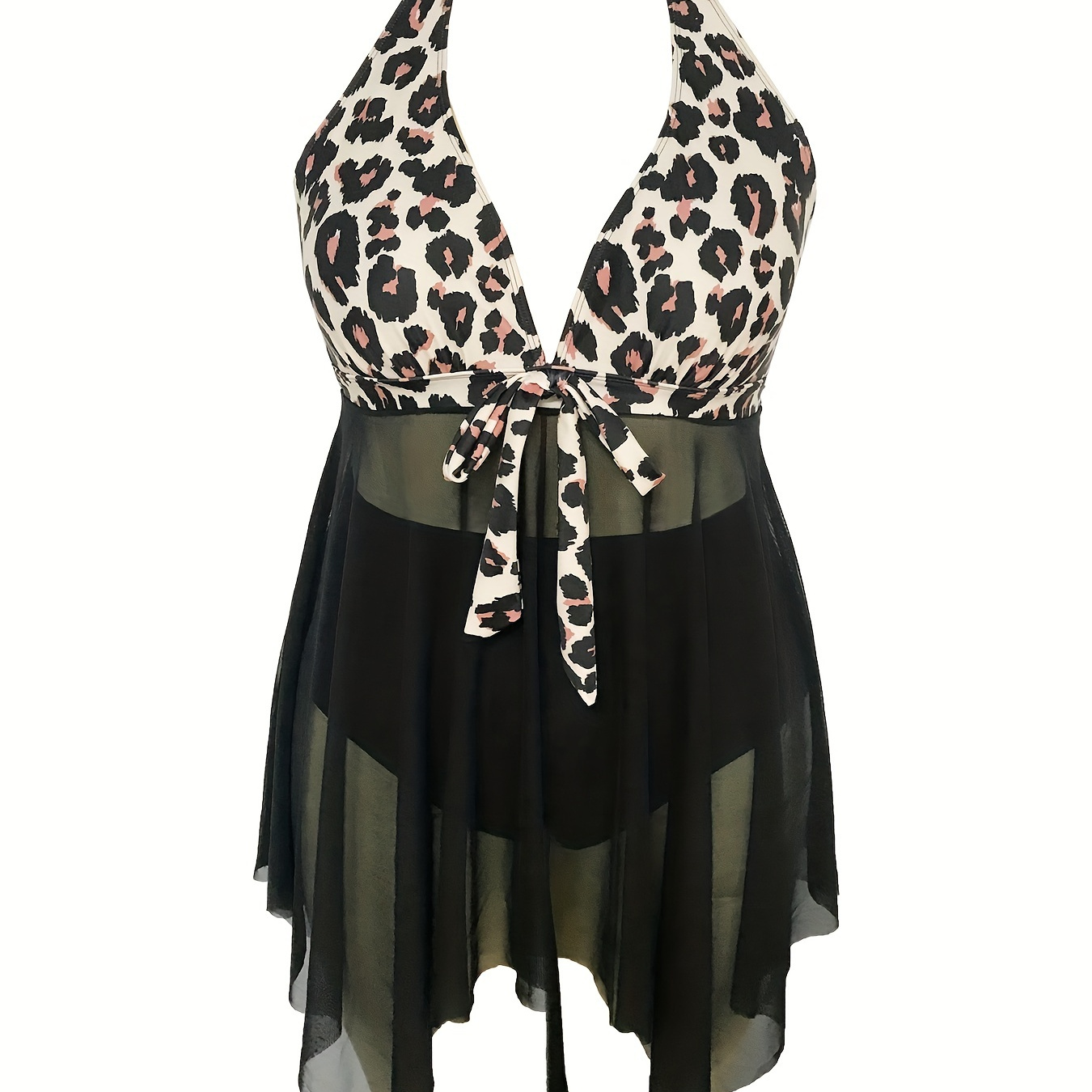 

Plus Size Vacay Bikini Set, Women's Plus Colorblock Leopard Print Contrast Mesh Halter Neck Tie Front Asymmetrical Hem Dress & Underwear Swimsuit 2 Piece Set