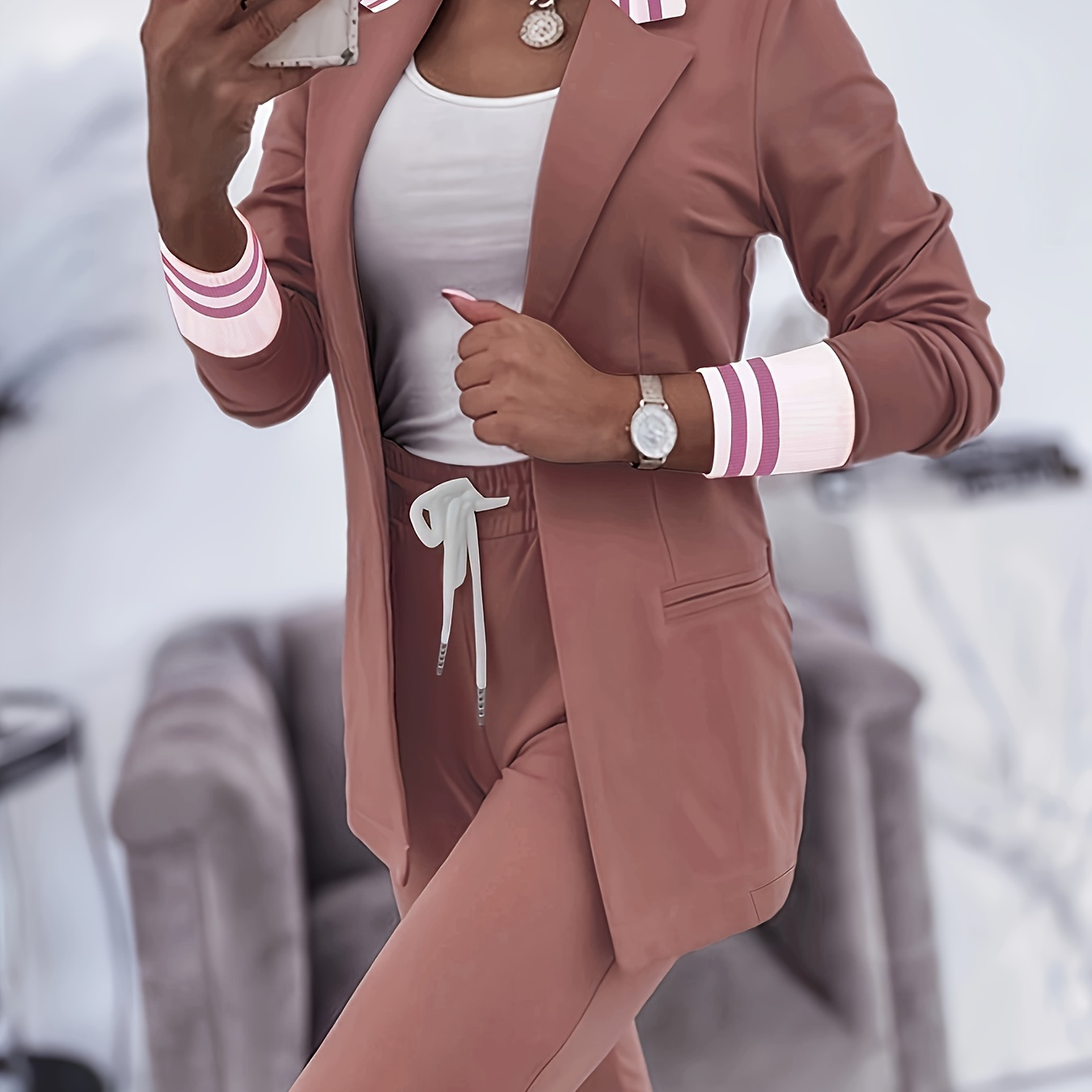 

Elegant Contrast Trim Suit Set, Open Front Long Sleeve Lapel Blazer & Slim Pants For Work & Office, Women's Clothing