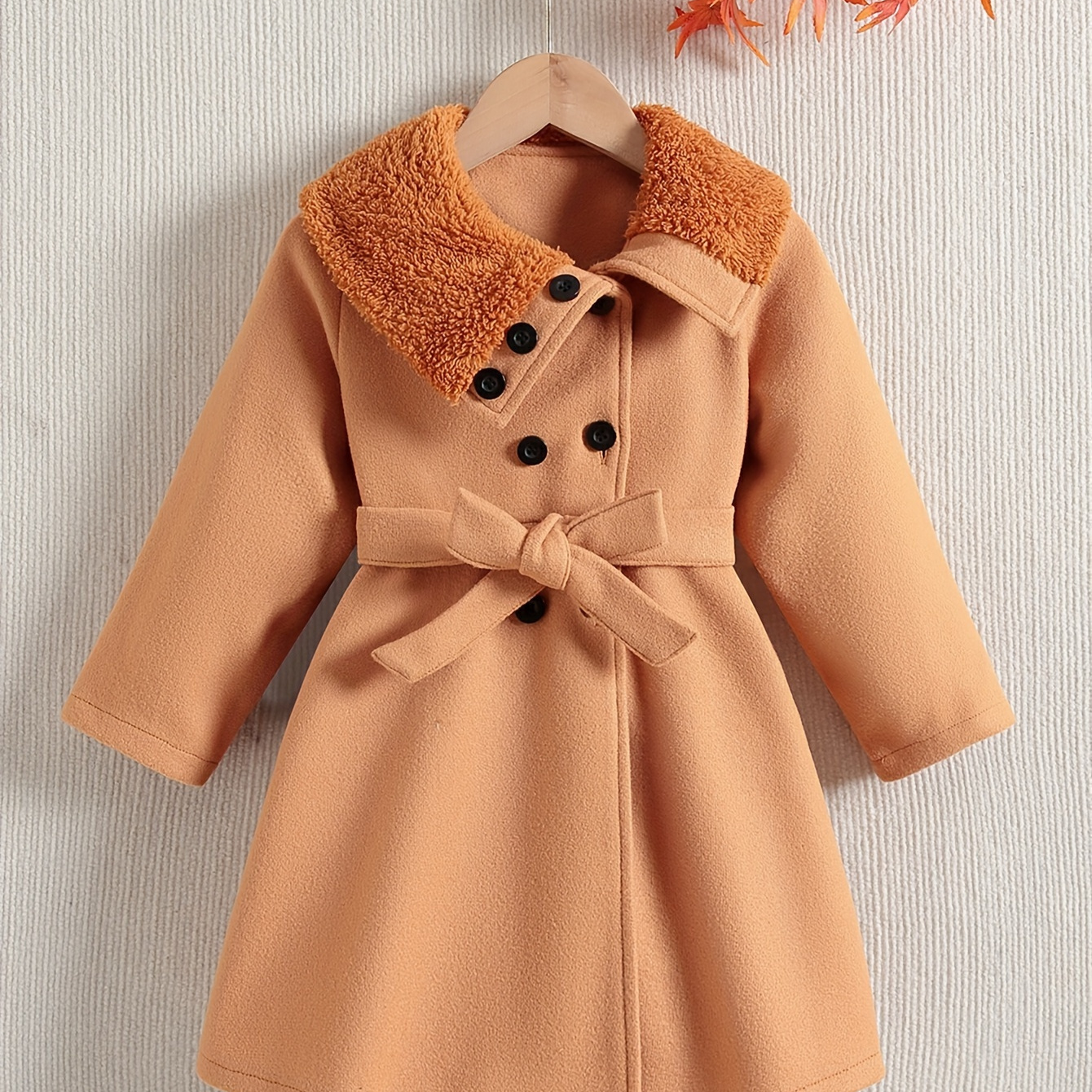 

Young Girl's Elegant Dress Coat & Belt, Fur Collar Spliced Solid Tunic Jacket For Winter Fall