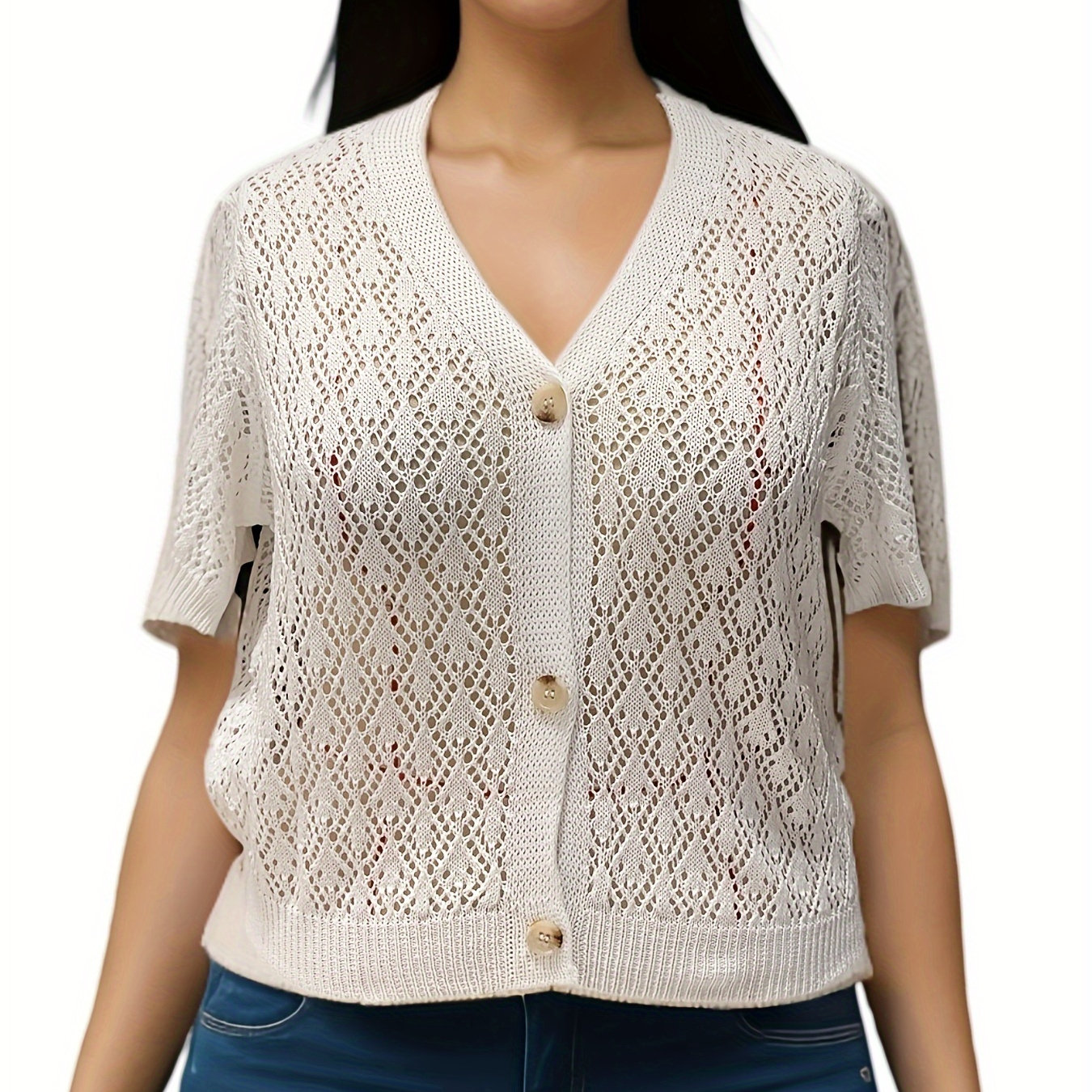 

Plus Size Solid Button Front Cardigans, Elegant V Neck Short Sleeve Knitted Cardigans Top For Spring & Summer, Women's Plus Size Clothing