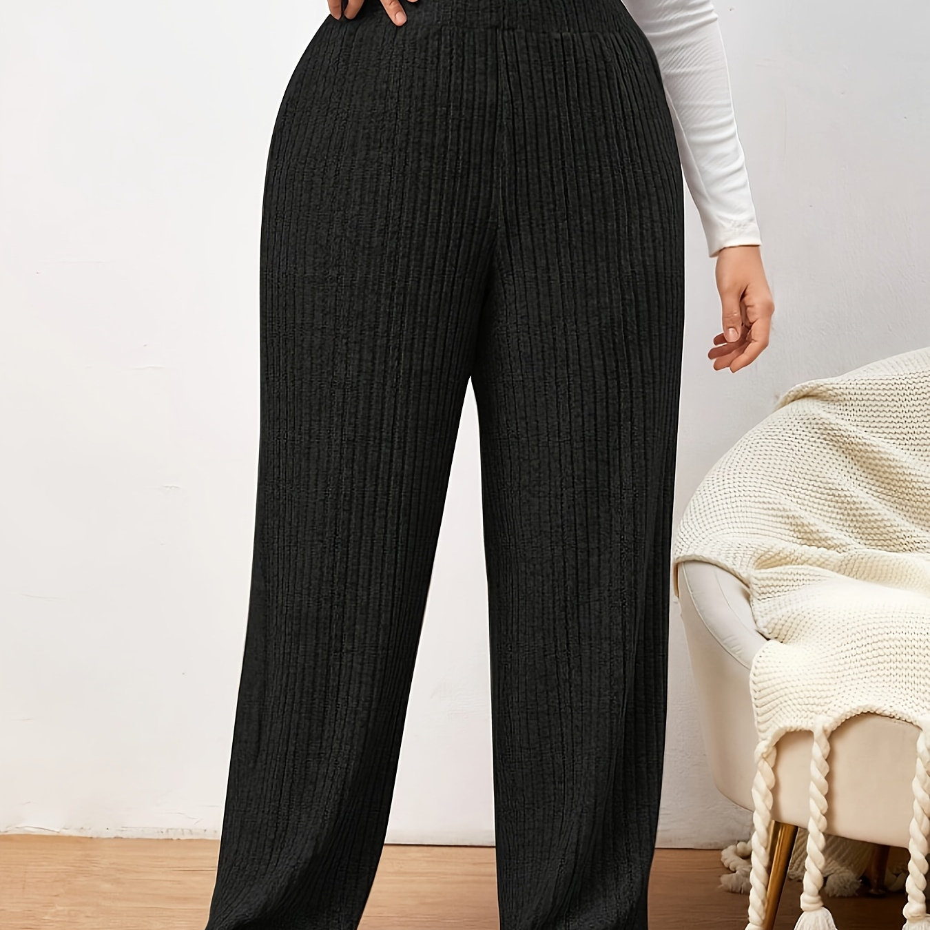 

Women's Plus Size Casual Solid Color Ribbed Pants - Stretchy, Machine Washable, Straight Leg Trousers