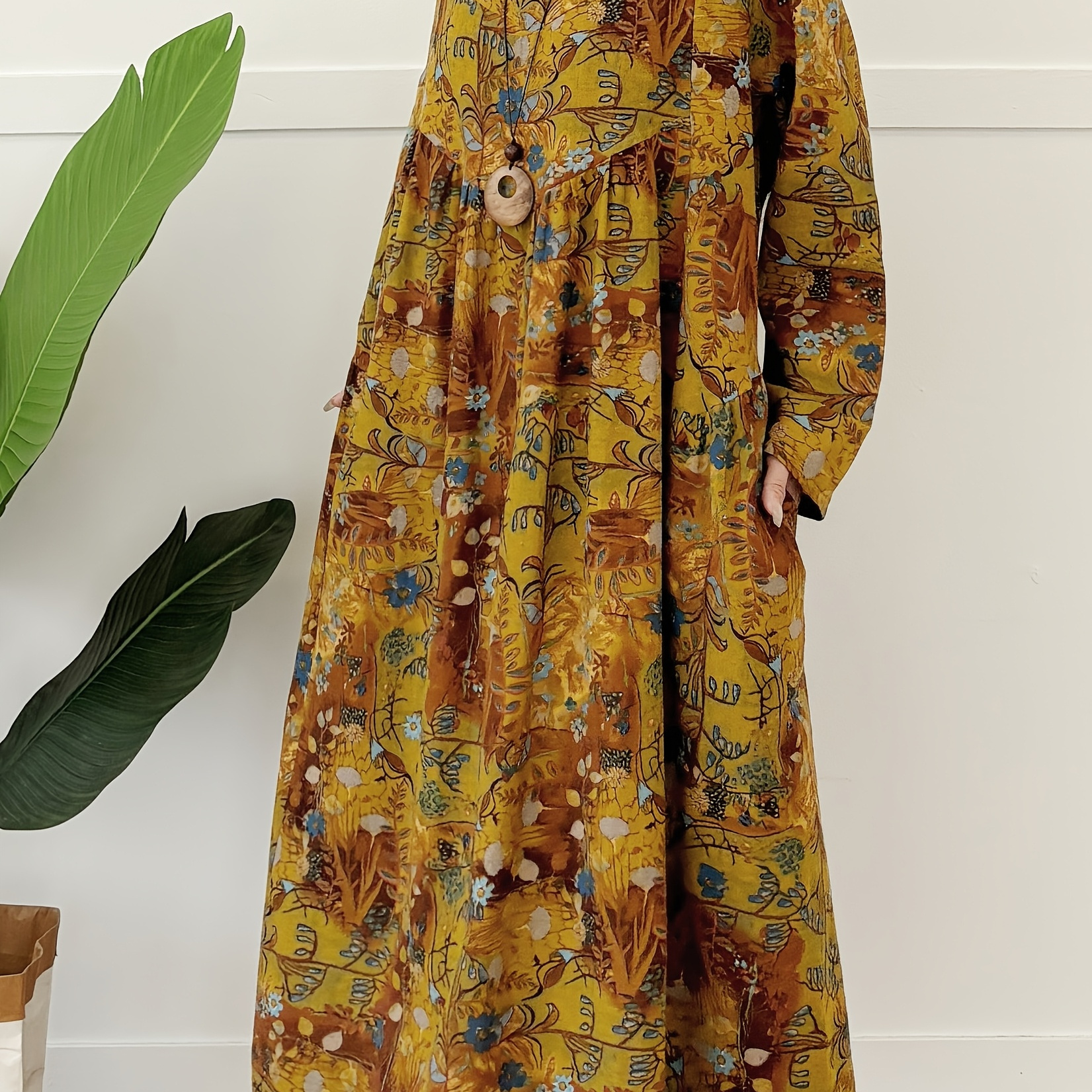 

-chic Linen Maxi Dress For Women - Vintage Floral Print With Pockets, Long Sleeve, Round Neck - Lightweight & Breathable For Spring/summer/fall
