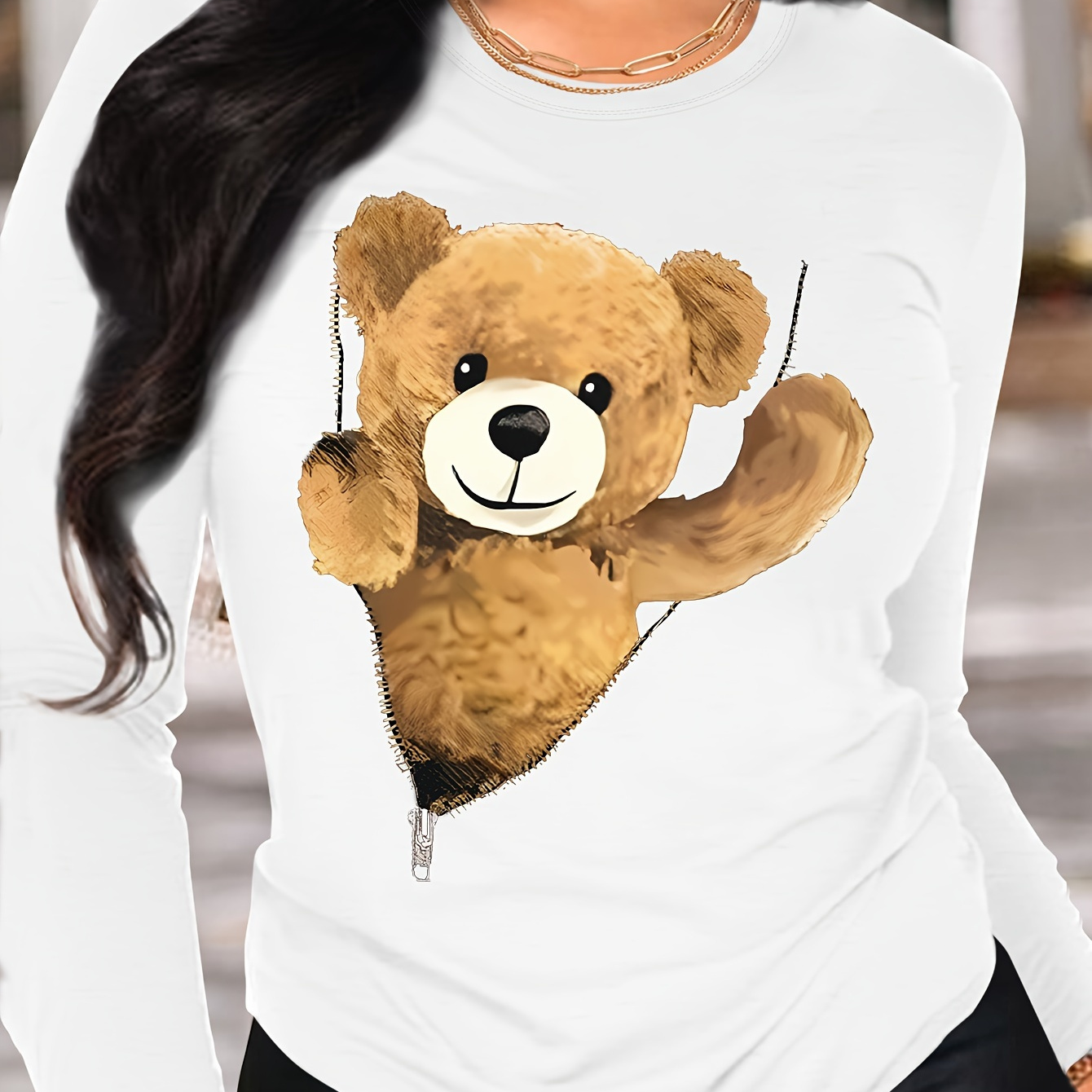 

Teddy Bear Print T-shirt, Long Sleeve Crew Neck Casual Top For Spring & Fall, Women's Clothing