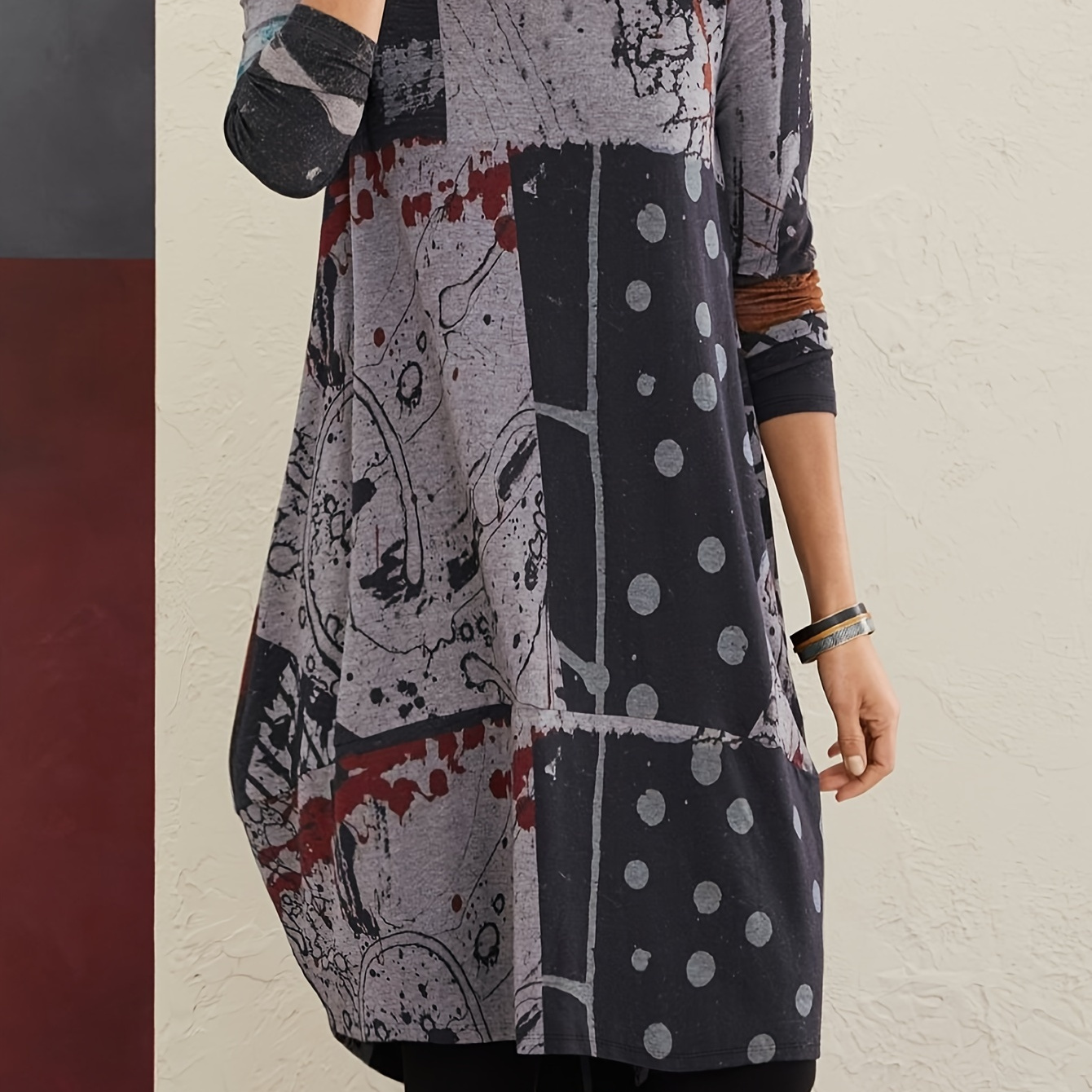 

Robe graphique en patchwork, robe décontractée à col rond, manches longues, ourlet asymétrique, longueur genou, tricotée, vêtements pour femmes.