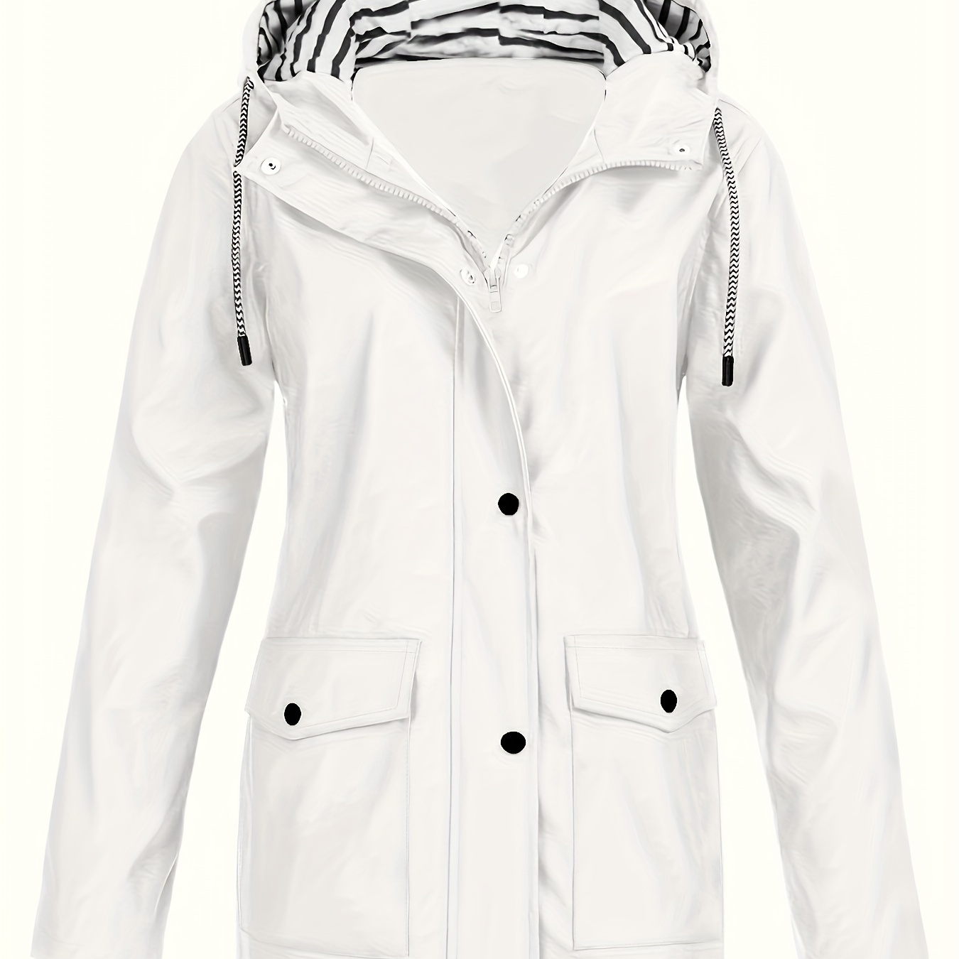 

Plus Size Striped Color Block Full Zipper Coat, Casual Pocket Long Sleeve Drawstring Hooded Jacket, Women's Plus Size Clothing