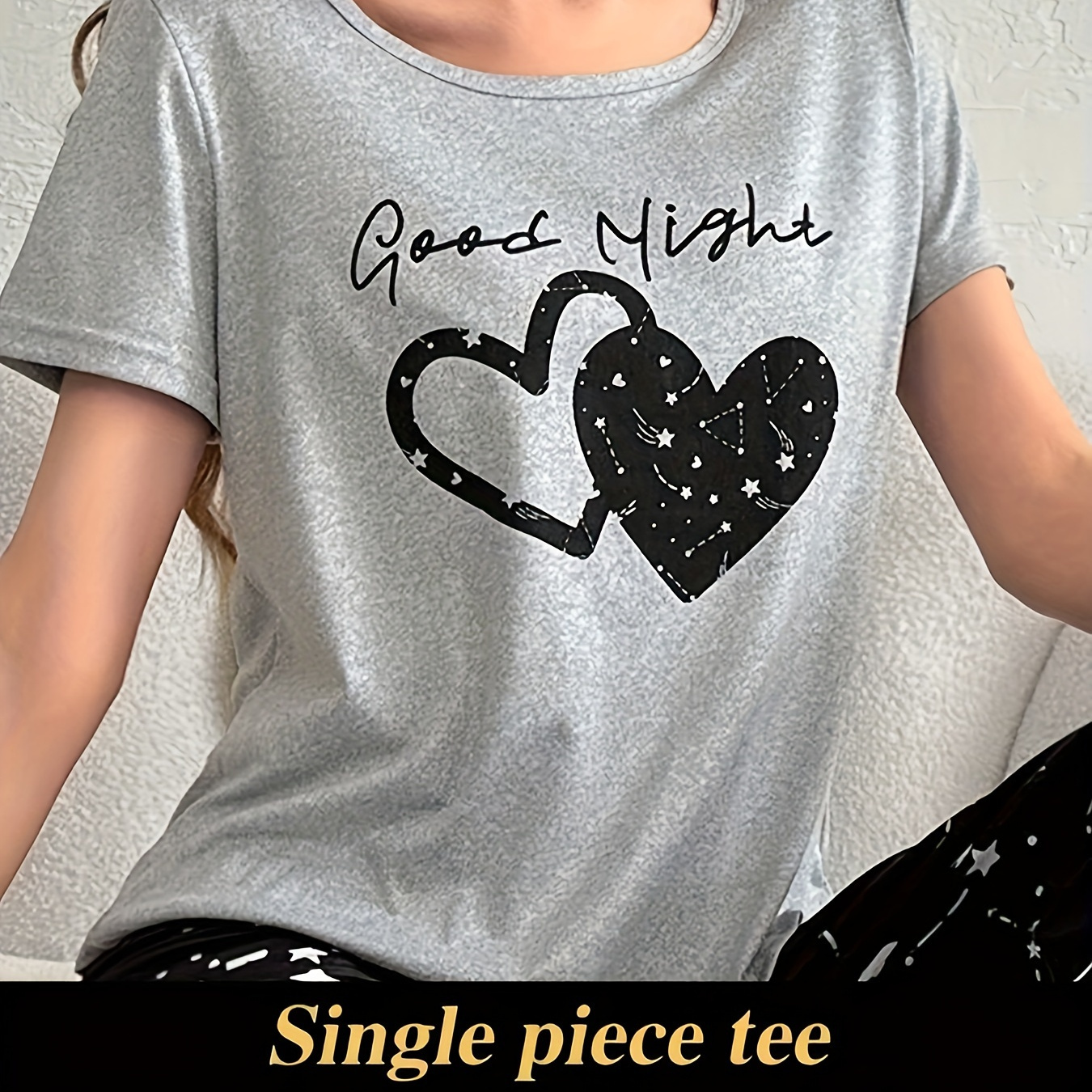 

Casual Star & Heart & Slogan Print Pajama Tops, Short Sleeve Round Neck T-shirt, Women's Sleepwear & Loungewear