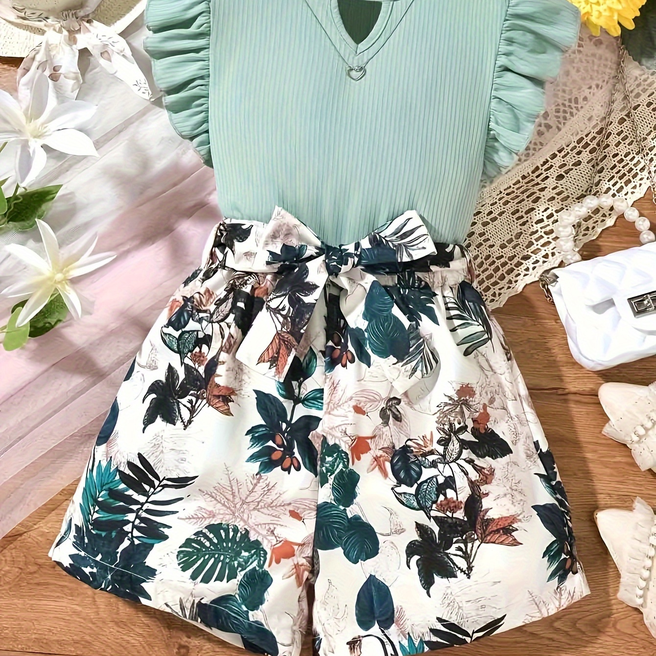 

Maple Leaf Print 2pcs For Girls, Plain Color Ruffle Sleeve Top + High Waist Shorts With Matching Belt