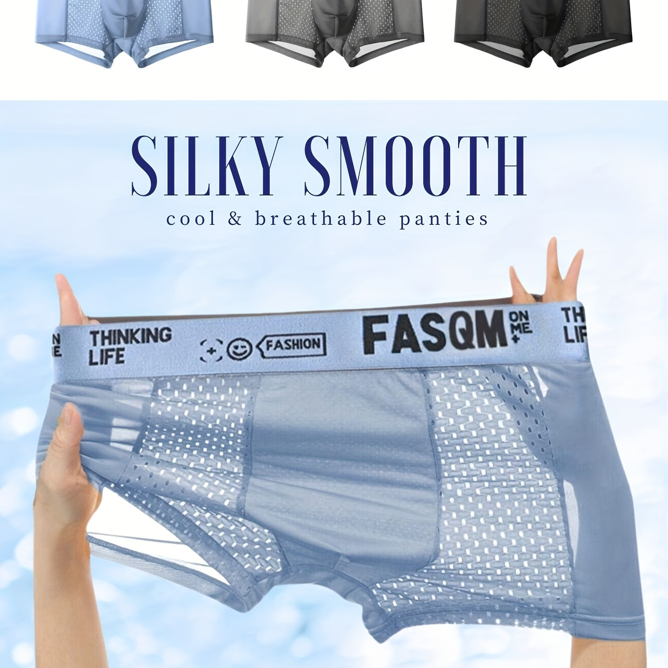 

3pcs Men's Ice Silk Cool Soft Comfy Boxers Briefs Underwear, Mesh Patch Breathable Comfy Stretchy Trunks, Men's Casual Plain Color Underwear