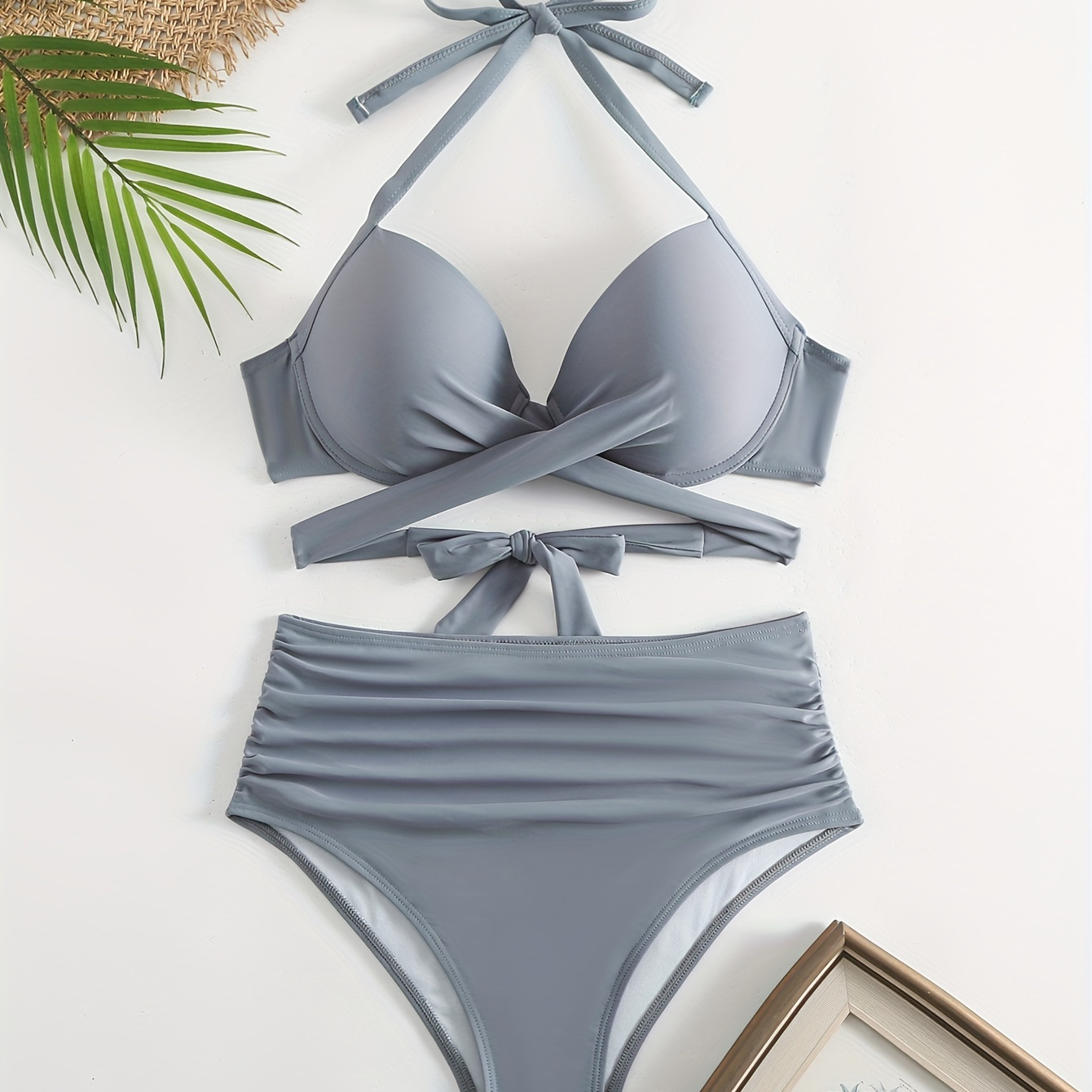 

Solid Color 2 Piece Set Bikini, Halter V Neck Layered High Cut Swimsuits, Women's Swimwear & Clothing