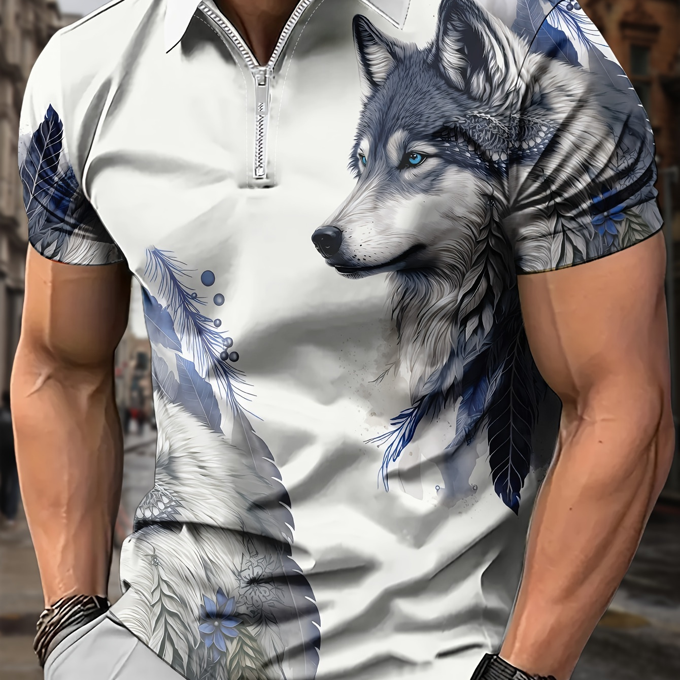 

Tribal Style Wolf Anime 3d Print Men's Novelty Short Sleeve Zipper Lapel Shirt For Summer Outdoor, Gift For Men