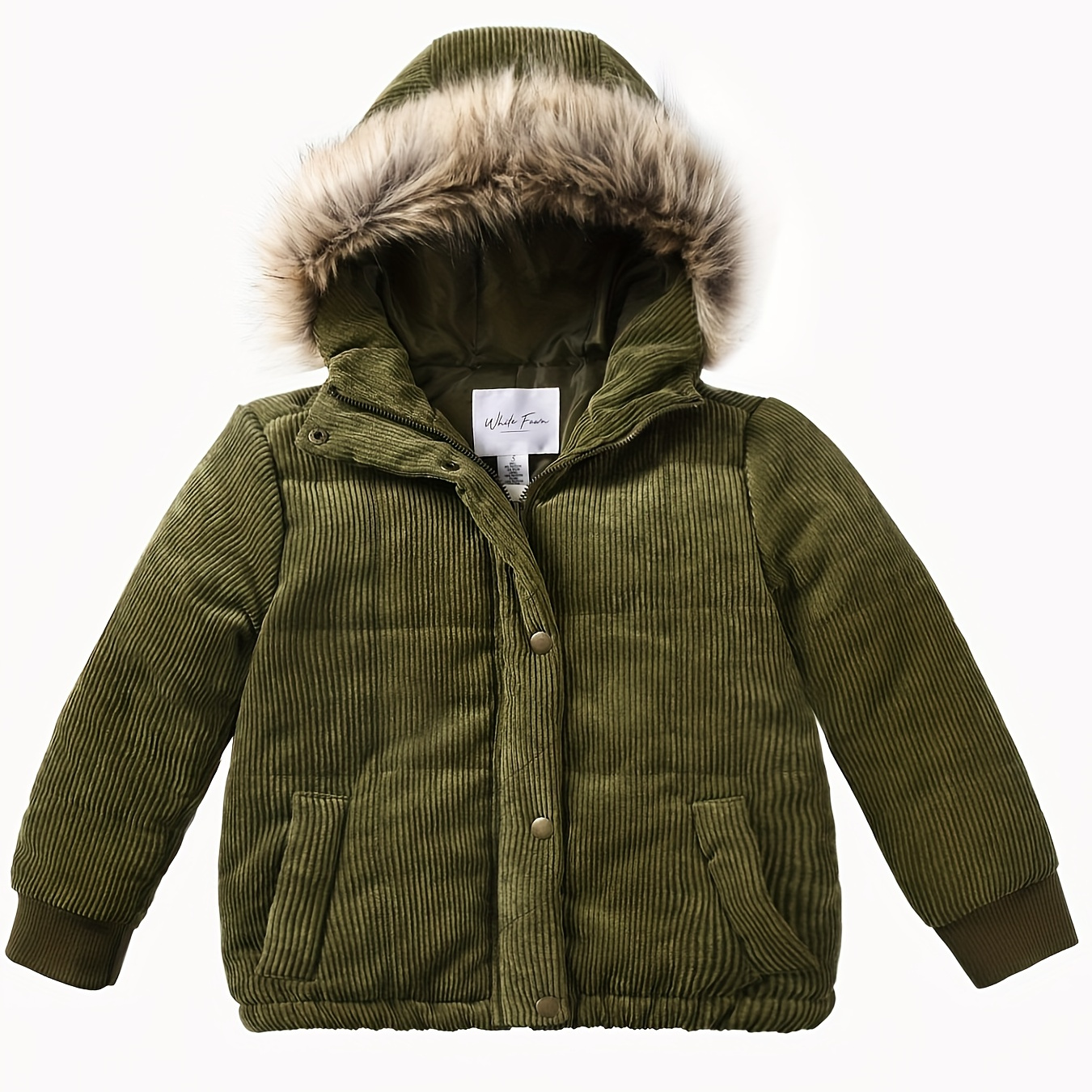 

1pc 's Casual Corduroy Hooded Jacket With Fur Trim, Polyester And Nylon , Zipper Detail, Regular Fit For Fall/winter, Applicable 3 Years Old - Polyester Fiber Filling, Solid Color, Woven