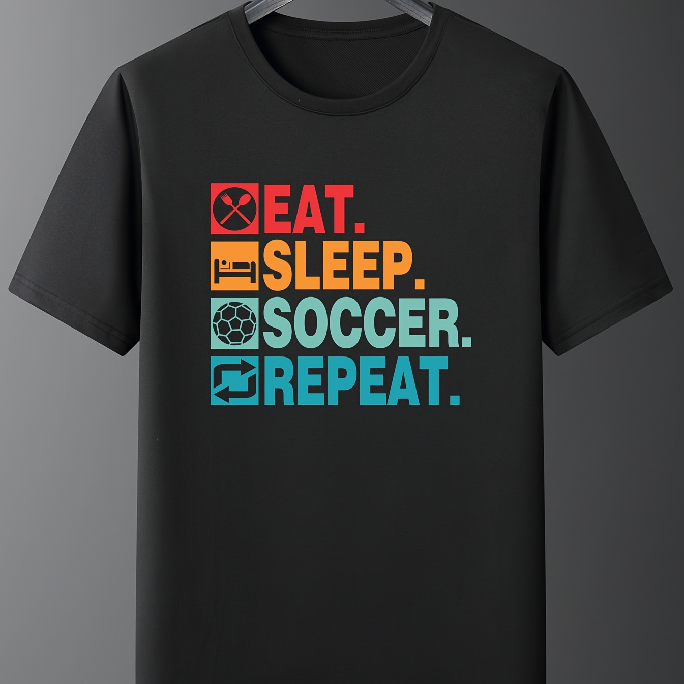 

Eat Sleep Soccer Repeat Print Crew Neck T-shirt, Short Sleeve Casual Comfortable Summer Tee Tops For Boys