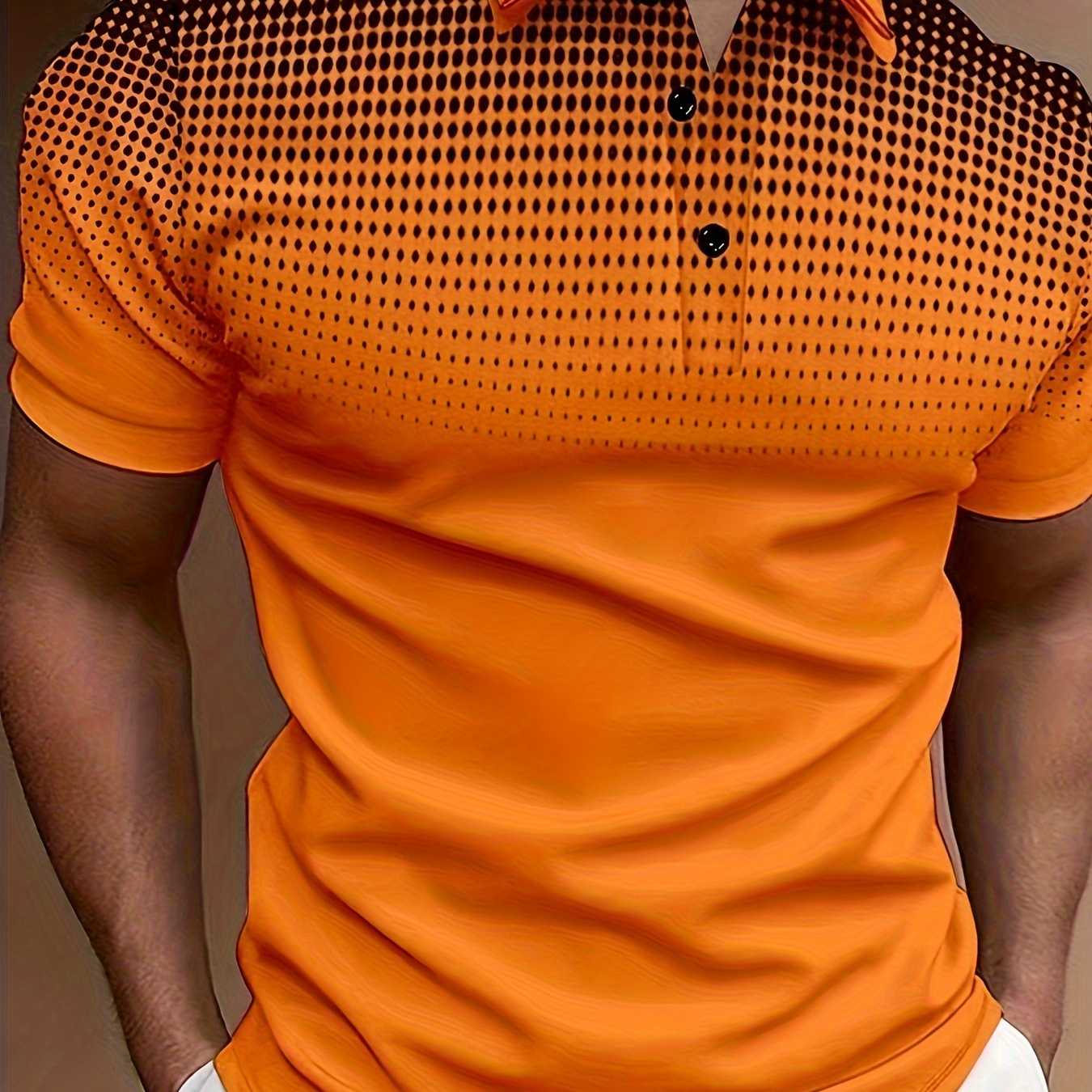 

Men's Summer Casual Short Sleeve Shirt With Buttons And Collar, Orange Mesh Print, Sports Style Top For Golf/tennis/office