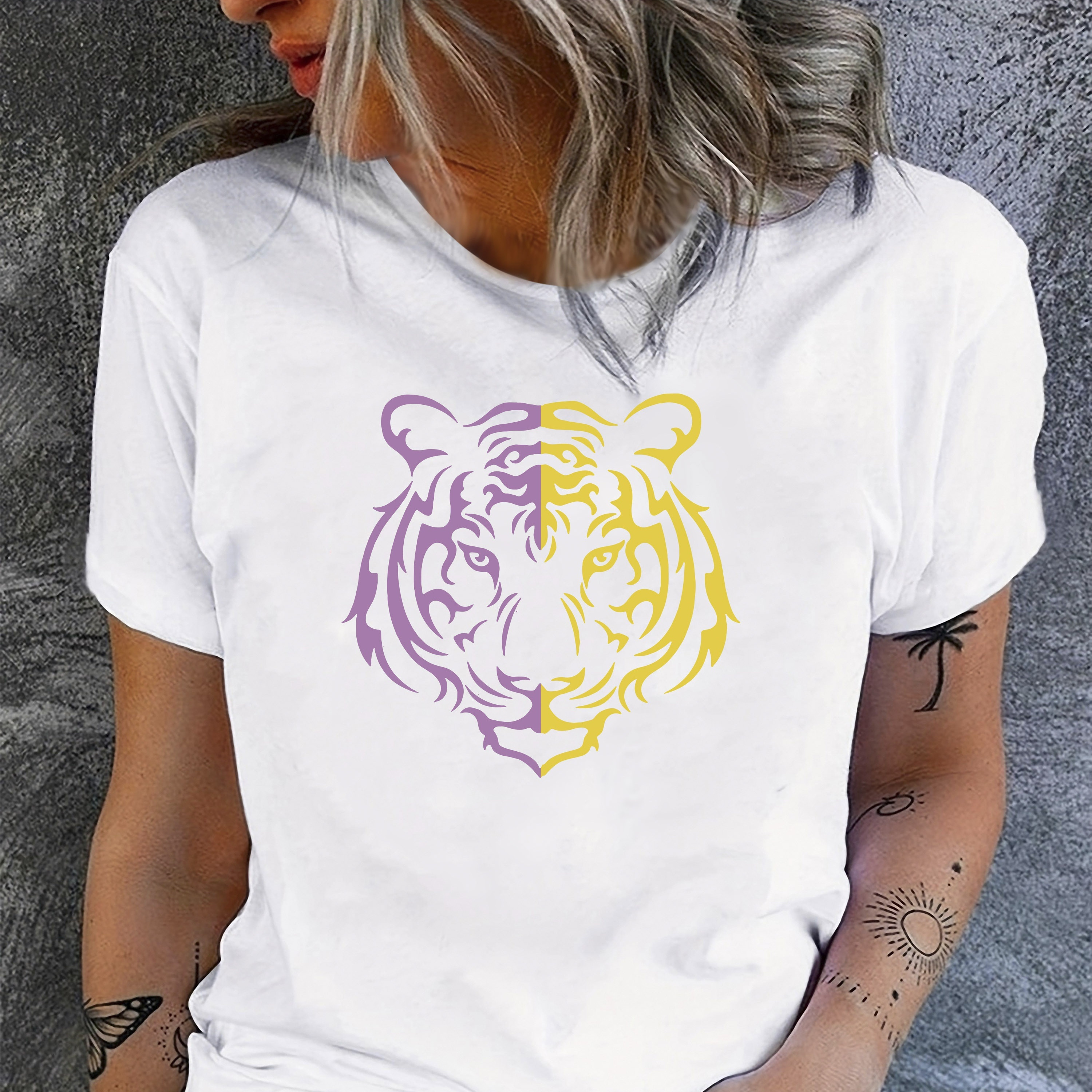 

Tiger Print T-shirt, Short Sleeve Crew Neck Casual Top For Summer & Spring, Women's Clothing