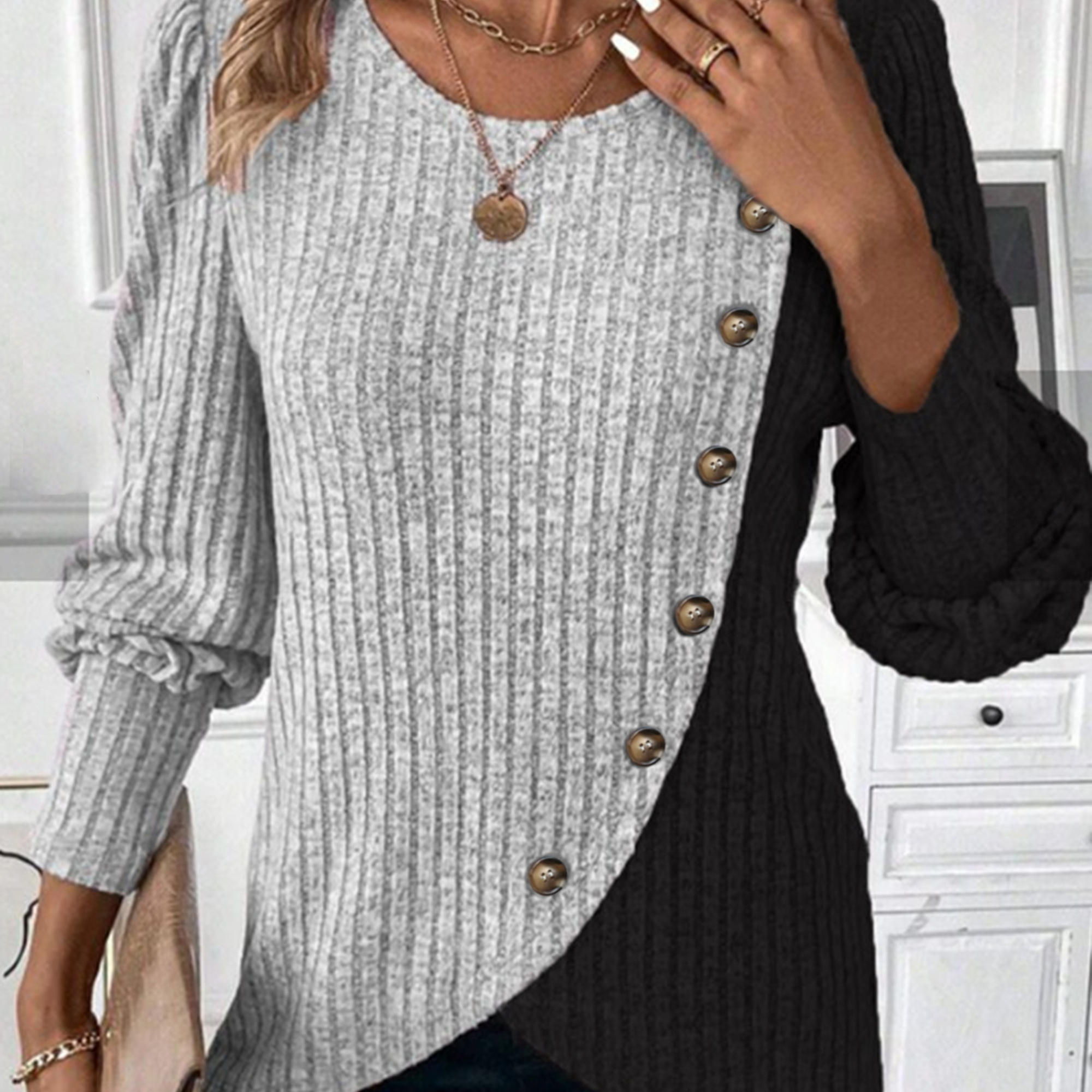 

Ribbed Crew Neck T-shirt, Elegant Long Sleeve Buton Decor Top For Spring & Fall, Women's Clothing