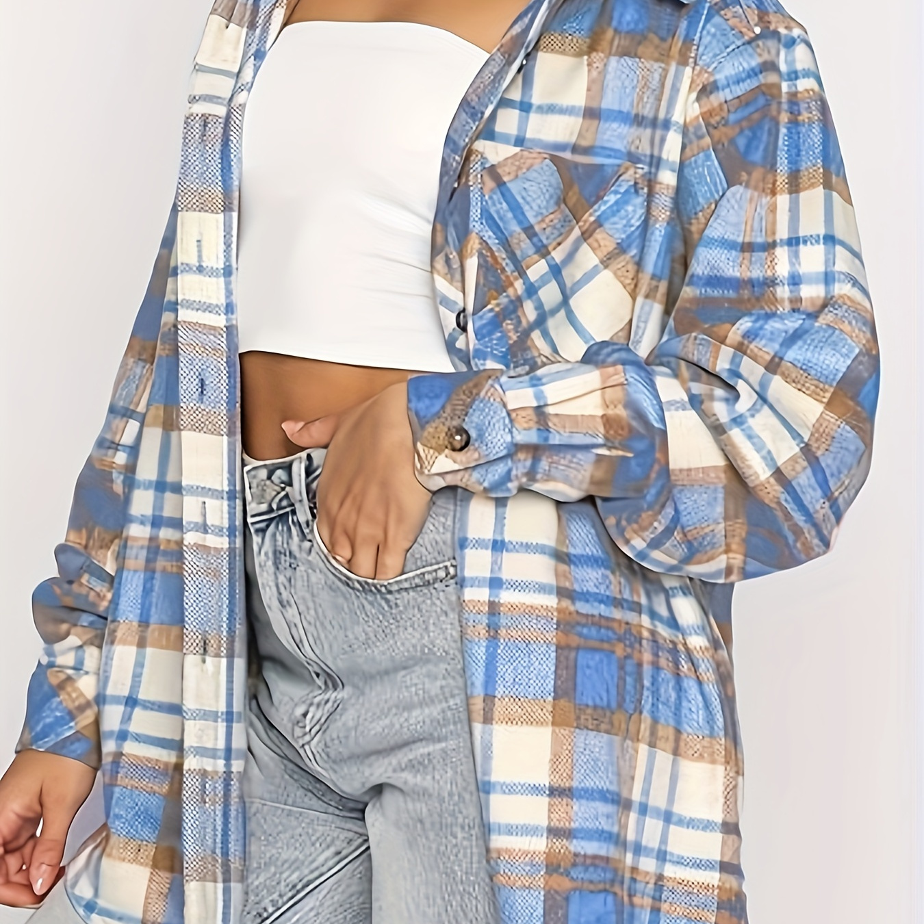 

Women's Casual Flannel Shacket - Long Sleeve Button- Shirt Jacket With Pockets, & Checkered Design, Comfortable Polyester For Casual Attire, Jacket | Fashionable Flannel Shirt | Polyester Fabric