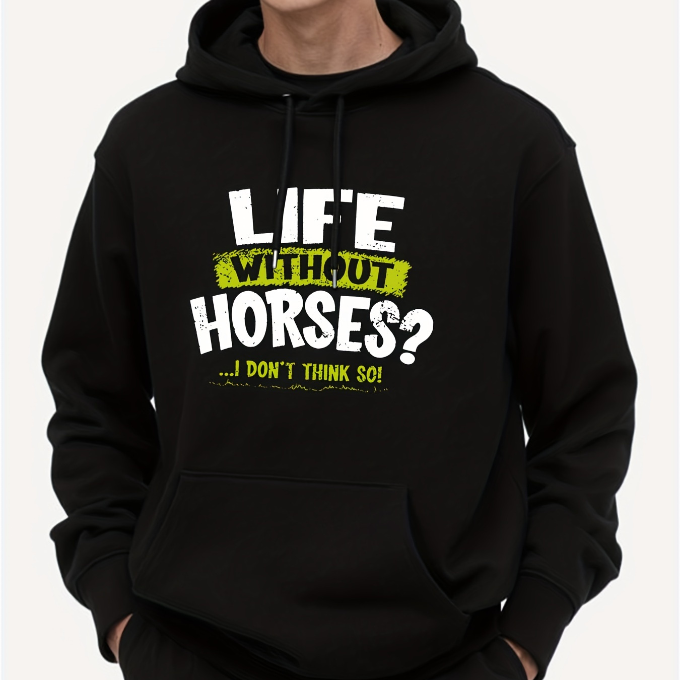 

Life Without Horses Pattern, Men's Trendy Comfy Hoodie, Casual Slightly Stretch Breathable Hooded Sweatshirt For Outdoor