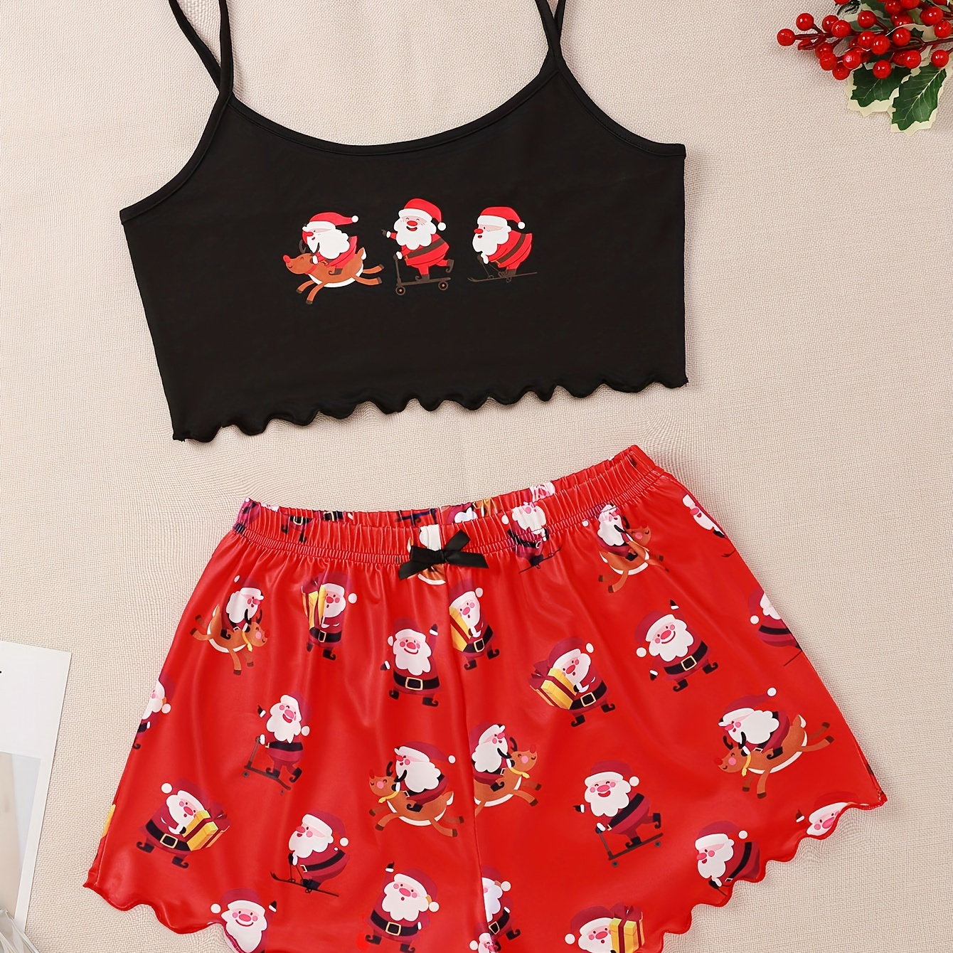 

Women's Cute Cartoon Santa Print Frill Trim Pajama Set, Round Neck Backless Crop Cami Top & Shorts, Comfortable Relaxed Fit For Christmas