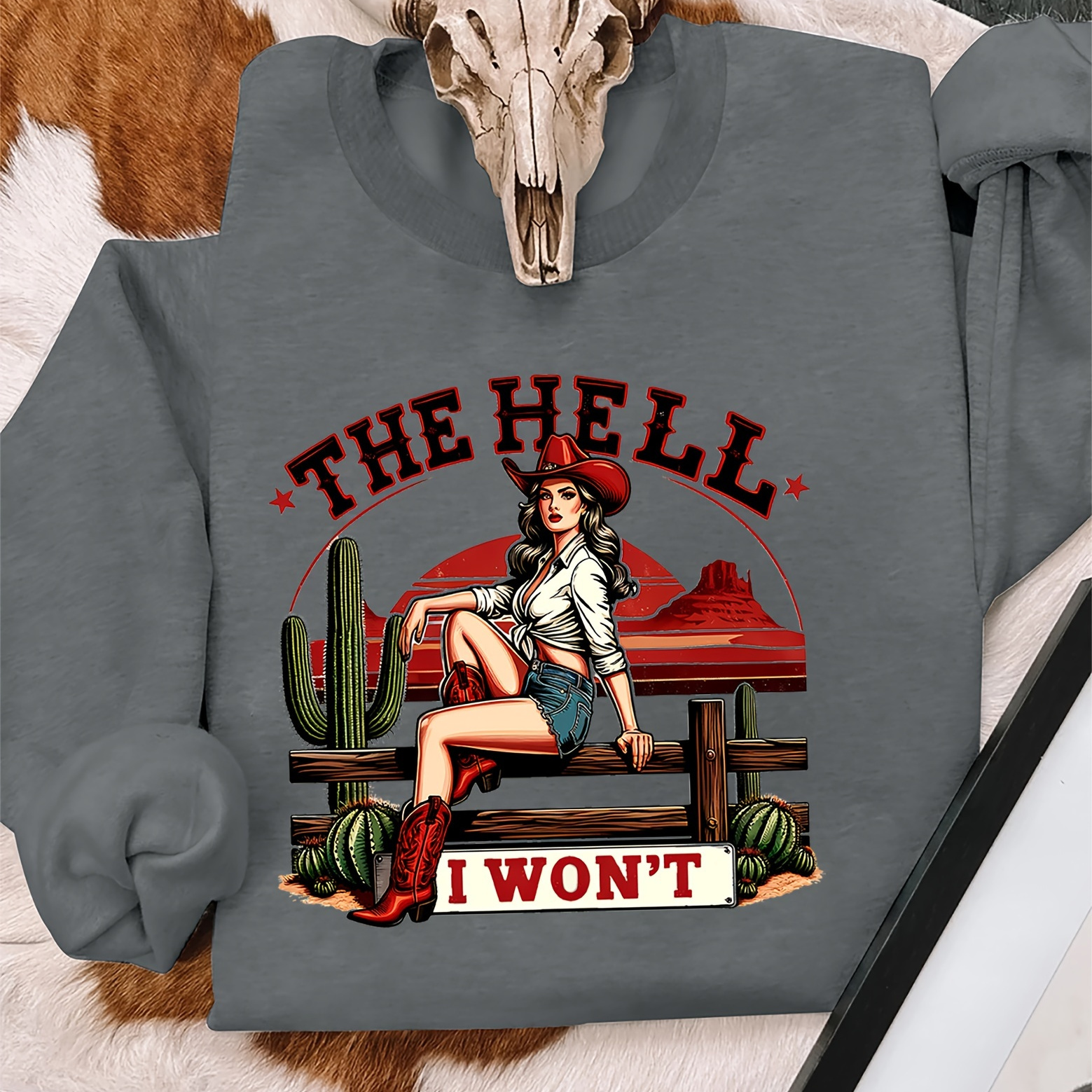 

Vintage Western Cowgirl Sweatshirt: Polyester, Fall/winter, Round Neck, , Western Print