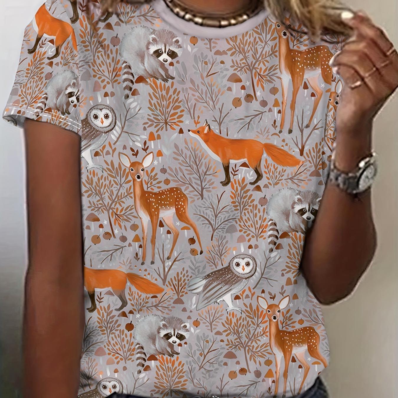 

Fox & Deer Print Crew Neck T-shirt, Casual Short Sleeve Top For Spring & Summer, Women's Clothing