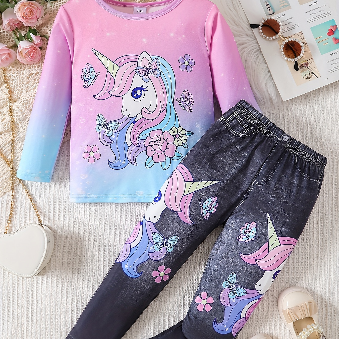 

2pcs Girls Cute Unicorn Pattern Pullover Top + Pocket Pattern Imitation Denim Printed Pants For Spring Fall Gift