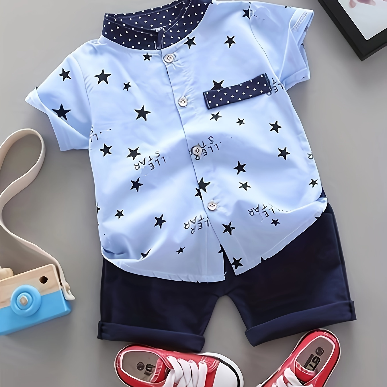 

2pcs Baby Boy's Casual Letter And Star Print Short Sleeve Stand Collar T-shirt & Shorts Set, Comfy Summer Baby Boy's Clothes