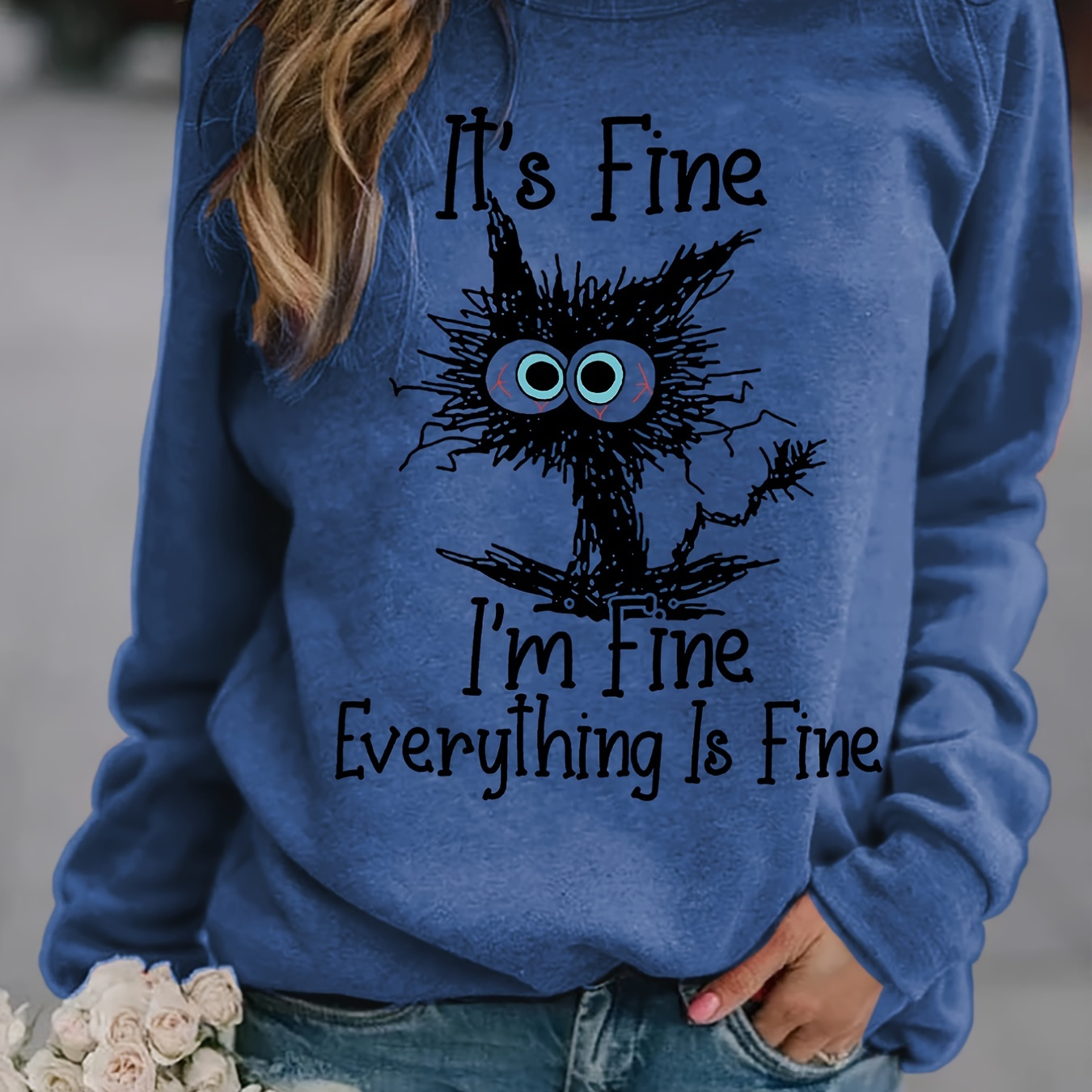 It's Fine Cartoon Cat Print Sweatshirt, Long Sleeve Crew Neck Casual Sweatshirt For Winter & Fall, Women's Clothing