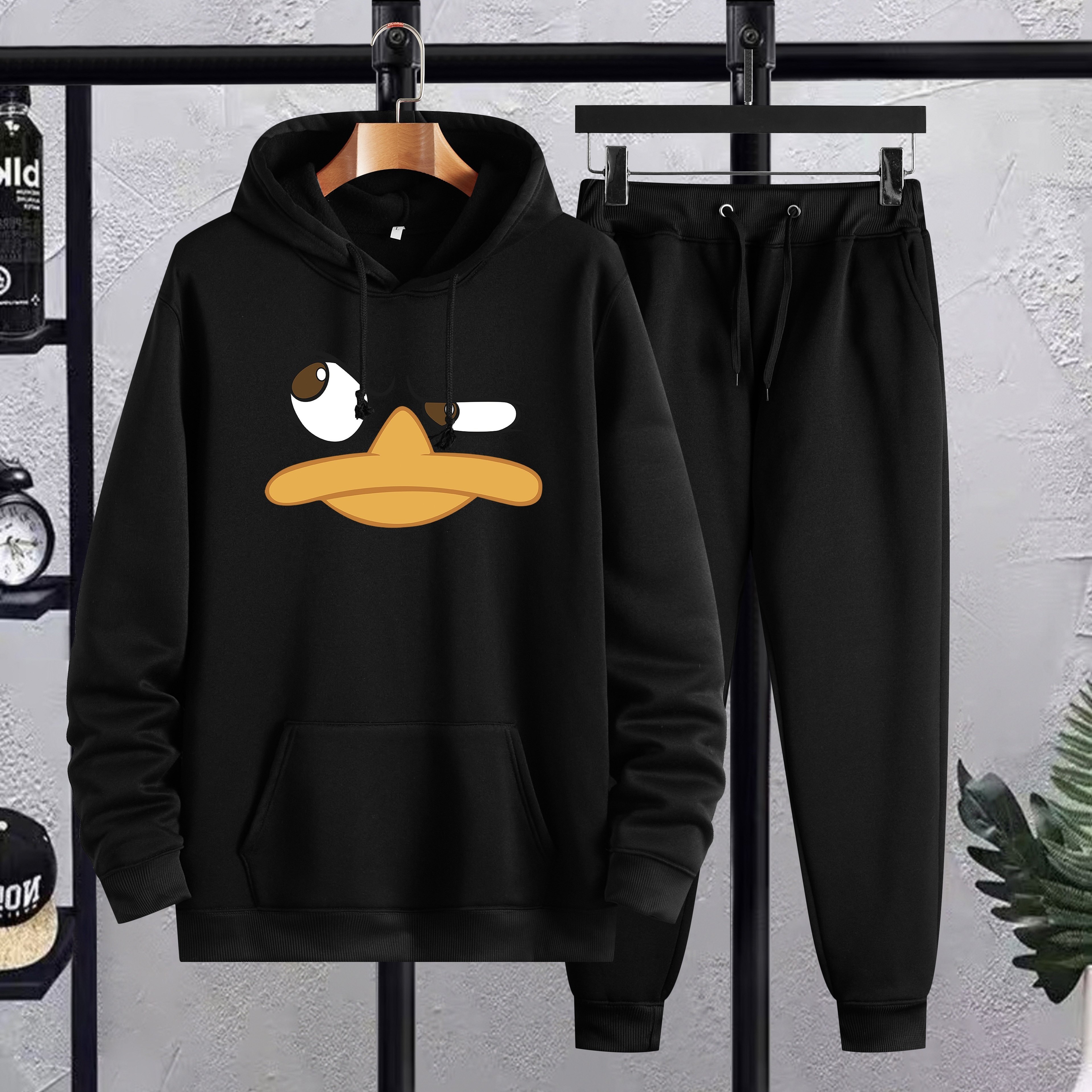 

Cartoon Duck Print Men's 2 Pieces Outfits, Men's Drawstring Kangaroo Pocket Hoodie And Sports Trousers, Men's Casual Wear For Spring And Fall