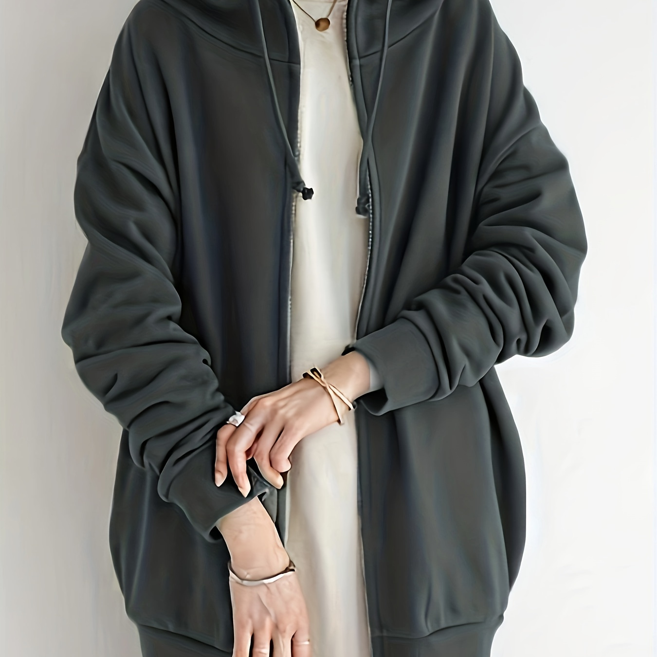 Yyeselk Women's Solid Jacket Plus Fleece Pocket Hooded Zipper Mid
