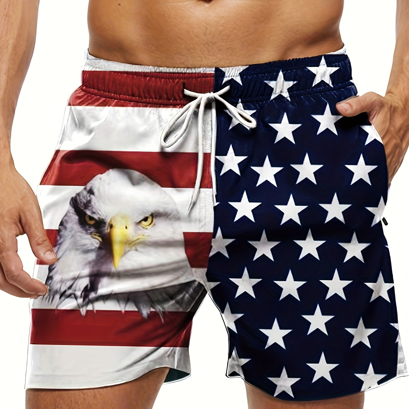 "American Flag Eagle" Graphic Plus Size Men's Beach Shorts Pants, Elastic Drawstring Holiday Sports Short Pants