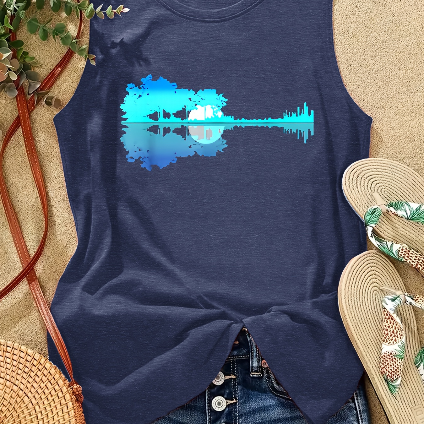 

Guitar Print Tank Top, Sleeveless Casual Top For Summer & Spring, Women's Clothing
