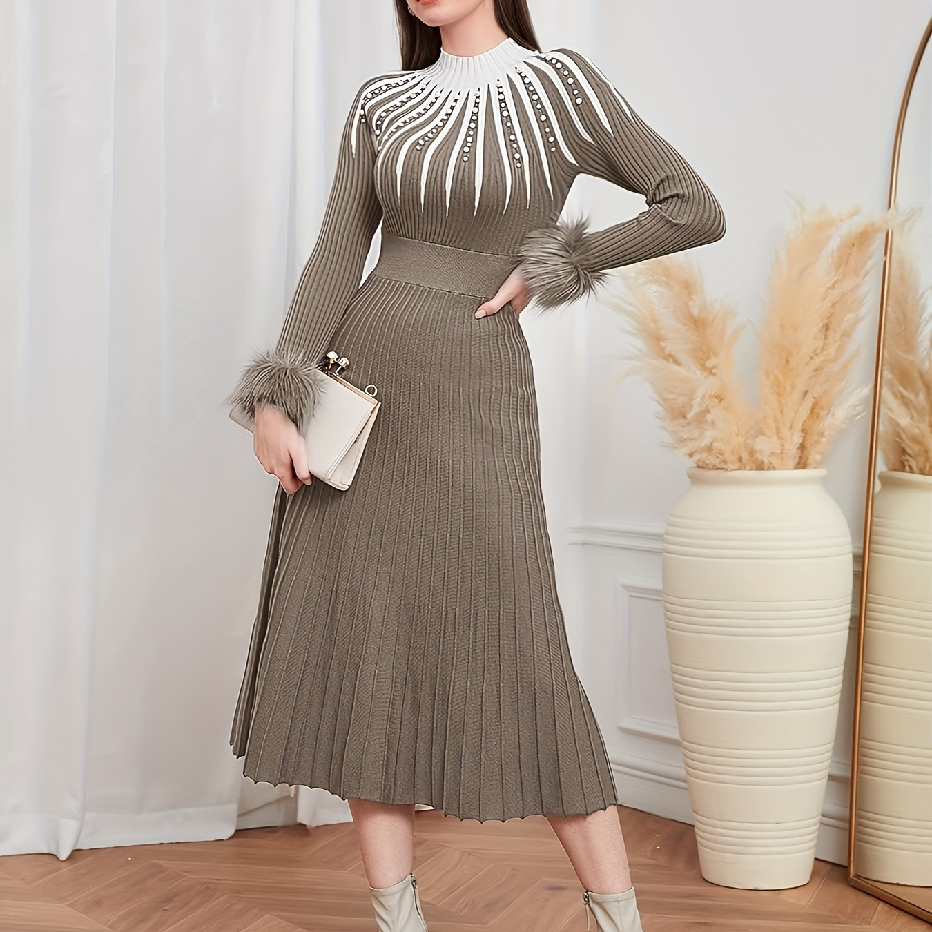 

Women's Elegant Long Sleeve Knit Midi Dress - High Waist, Purple Striped Ribbed With White Detailing, Round Neck, Fall/winter, Winter Knitwear|stylish Knit Dress|nylon Fabric