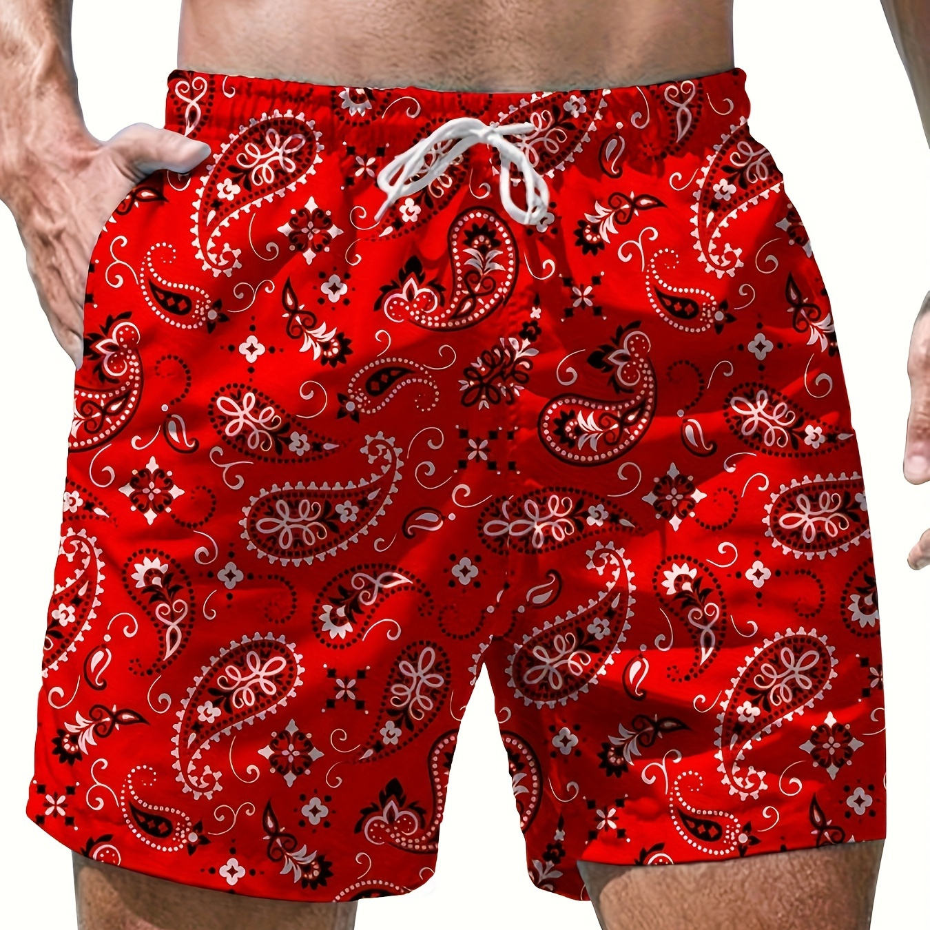 

Men's Stylish Summer Paisley Pattern Drawstring Shorts With Pockets, Beach Vacation And Pool Party