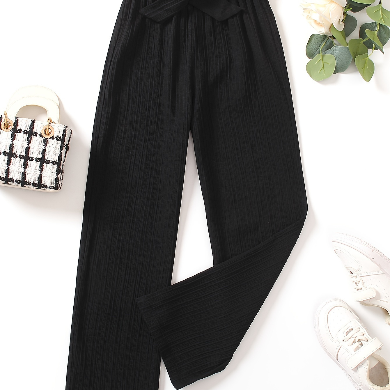 

Girls High Ruched Waist Bow Waist Wide Leg Pants For All Season Basic Trousers, Fluid Pants