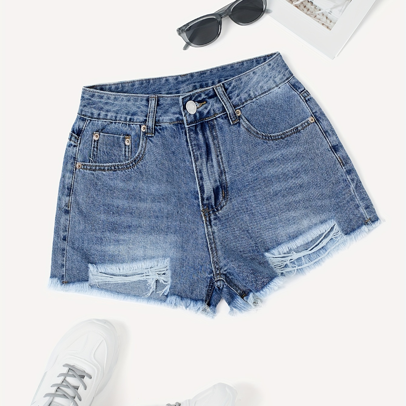 

Ripped Raw Hem Denim Shorts, Distressed Washed Blue Denim Shorts, Women's Denim Jeans & Clothing