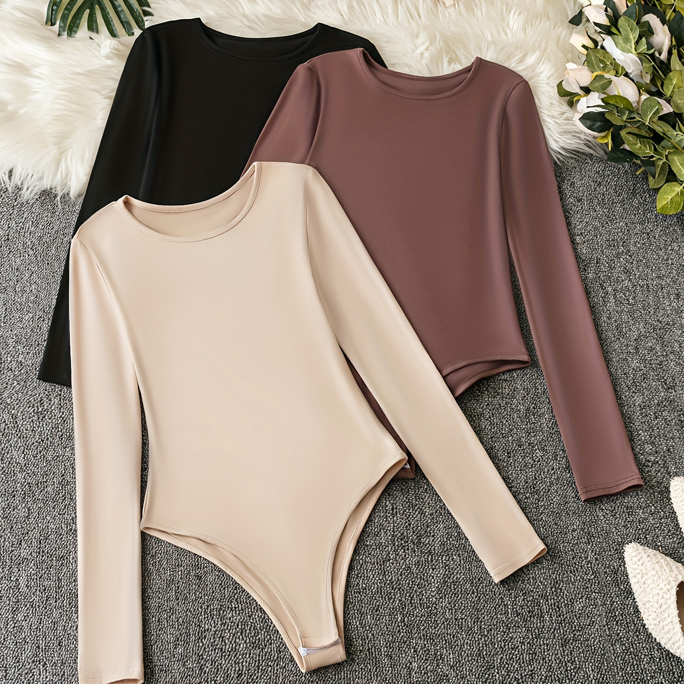 

Women's 3pcs Solid Color Bodysuits - Casual Crew Neck, Long Sleeve, , Machine Washable, For Autumn, Spring