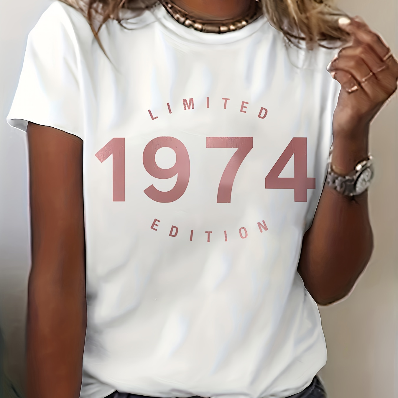 

1974 Letter Print T-shirt, Short Sleeve Crew Neck Casual Top For Summer & Spring, Women's Clothing