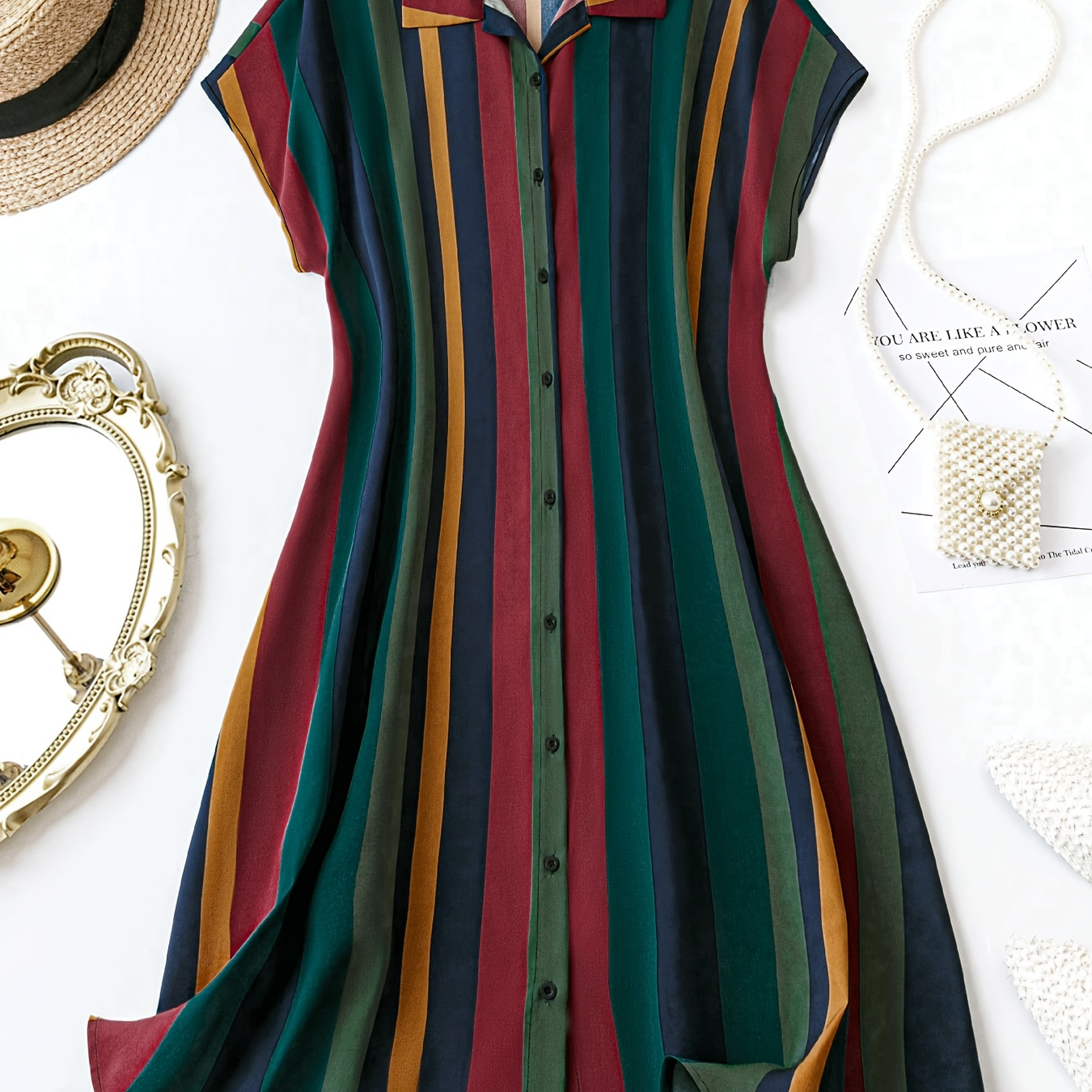 

Plus Size Stripe Print Color Block Shirt Dress, Elegant Button Front Short Sleeve Collared Dress For Spring & Summer, Women's Plus Size Clothing