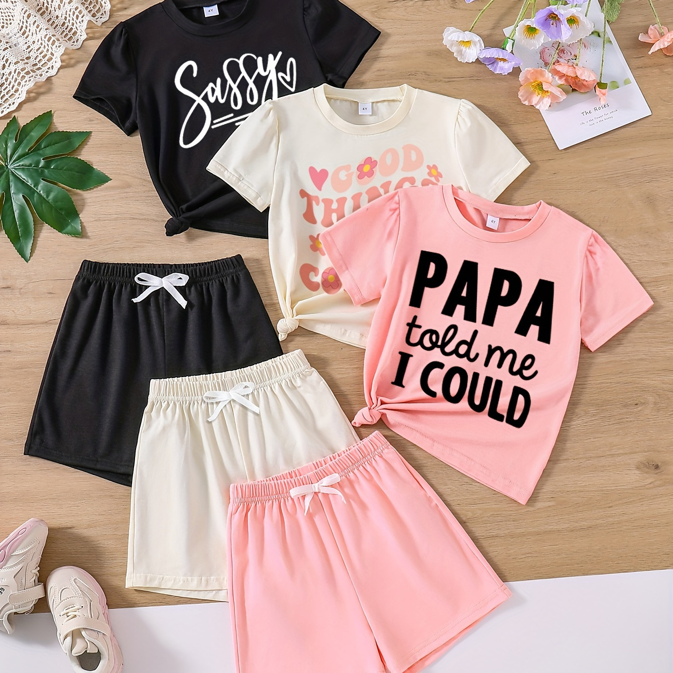 

6-piece Trendy Girl's Letter Short Sleeve Tops + Bow Shorts Set Holiday Casual Outfit Summer Gift