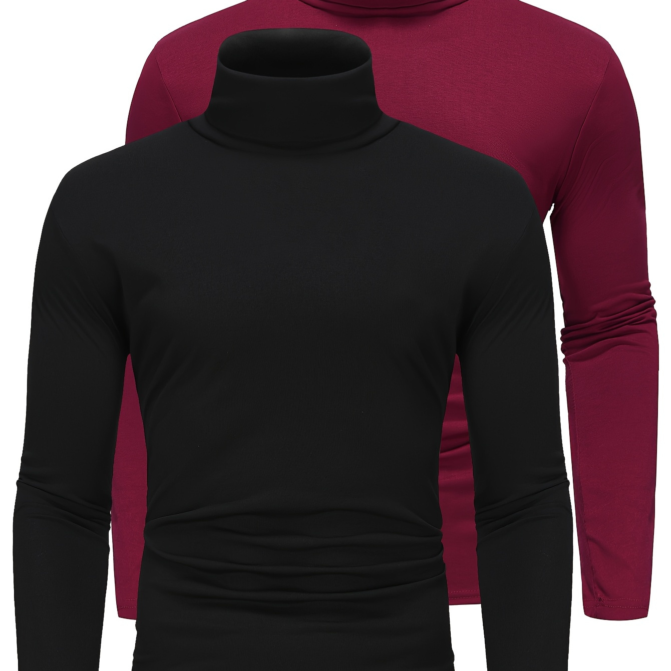 

2-pack Men's Thermal Base Layer Shirts - High Neck Long Sleeve T-shirts, Solid Color, Polyester Knit Fabric, Regular Fit, Medium Stretch, Warm Innerwear For Fall/winter