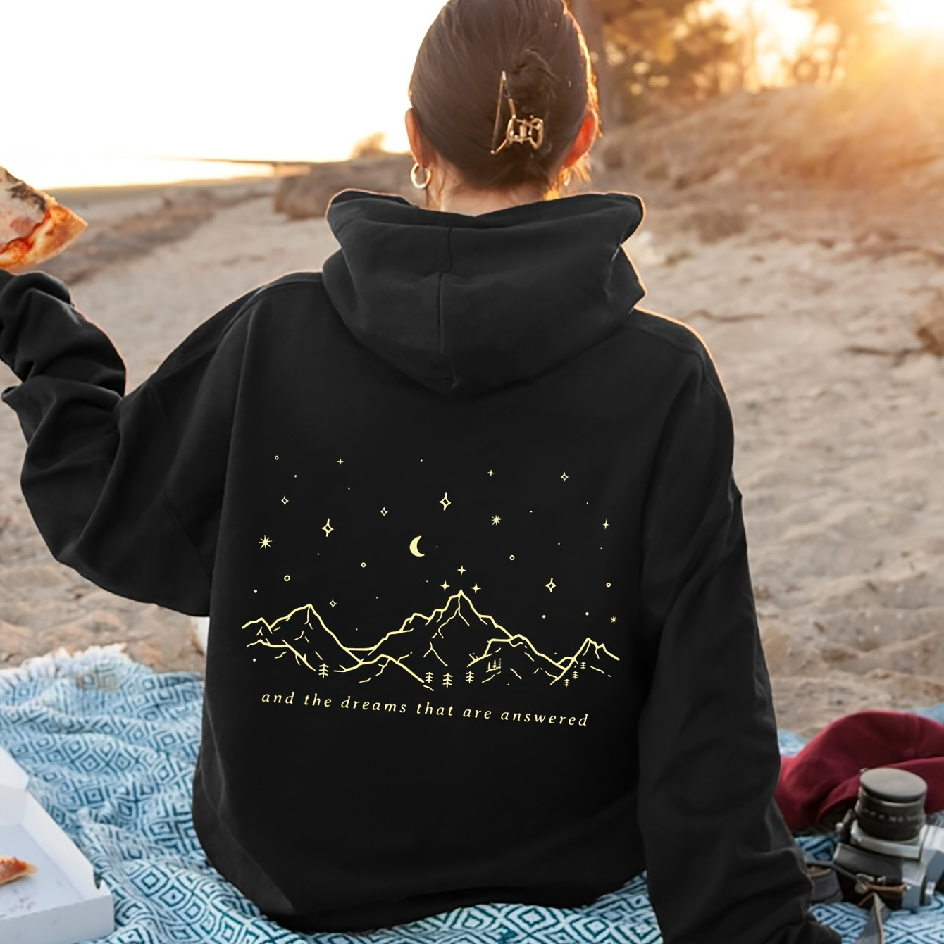 

Star & Mountains Print Hoodie, Vintage Drawstring Kangaroo Pocket Hoodies Sweatshirt, Women's Clothing