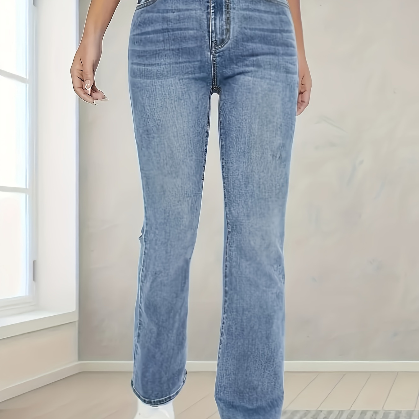 

Women's High-waist Stretch Jeans, Slim Fit Straight-leg Denim Pants, Elegant Style, Versatile Blue, Casual Long Trousers