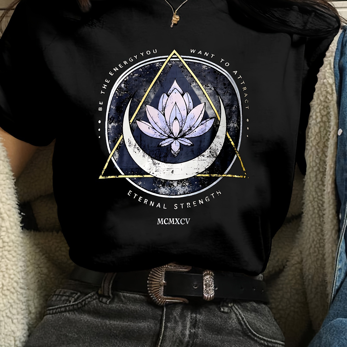 

Women's Inspirational T-shirt, "be The Energy You Want To Attract Eternal Strength Mcmxcv Lotus & Geometric Design Casual Tee