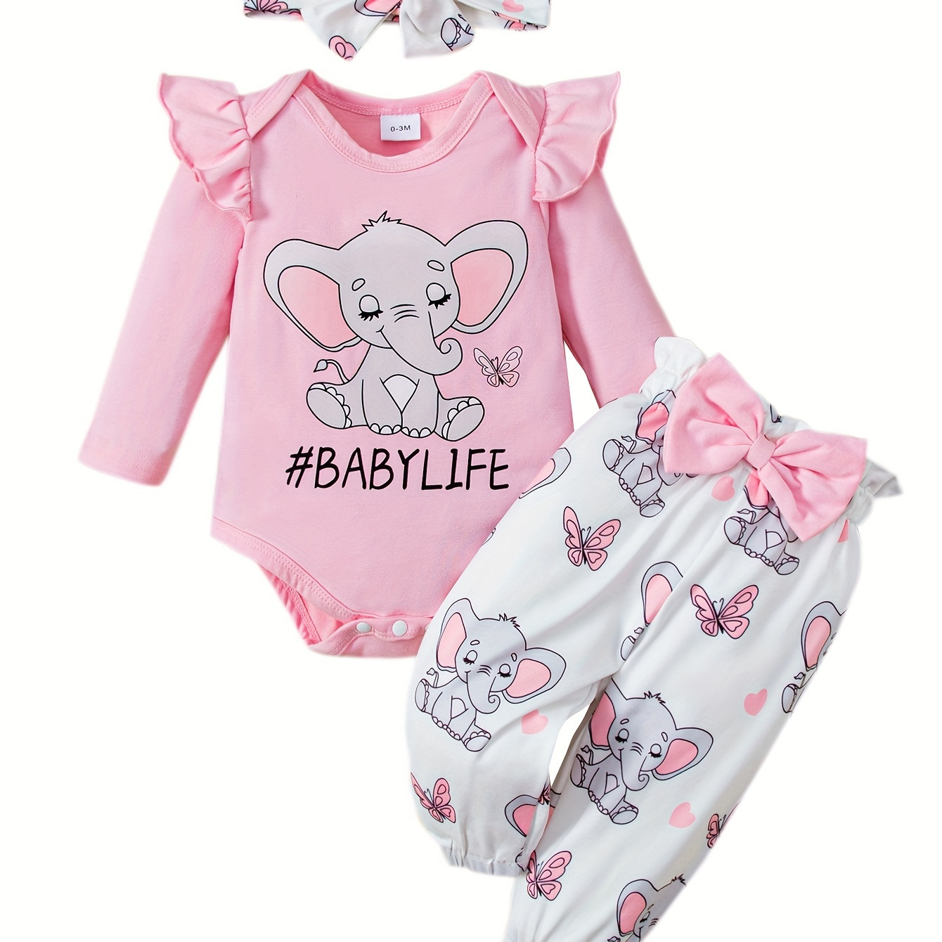 

2pcs Baby Girl's 0-18 Months Elephant Pattern Romper And Pants And Headband Outfit