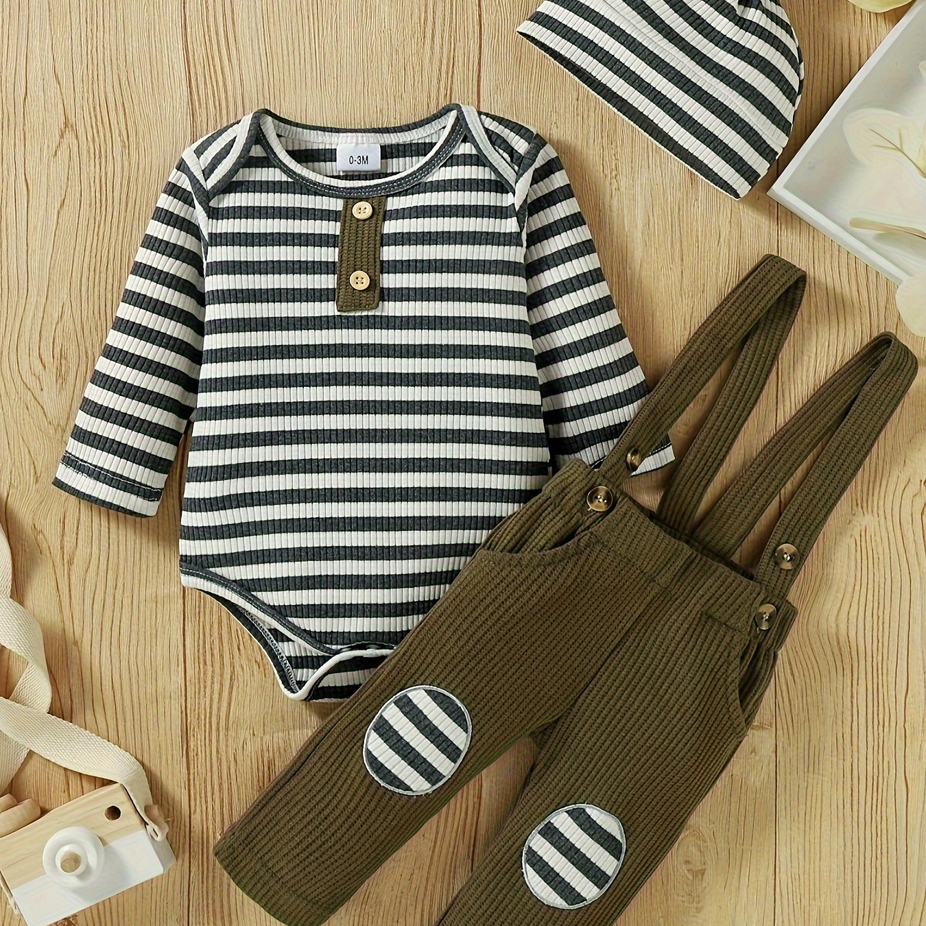 

Newborn Baby Boy Clothes Infant Long Sleeve Striped Romper Solid Pants Hat 3pcs Set Fall Winter Outfits 0-24 Months