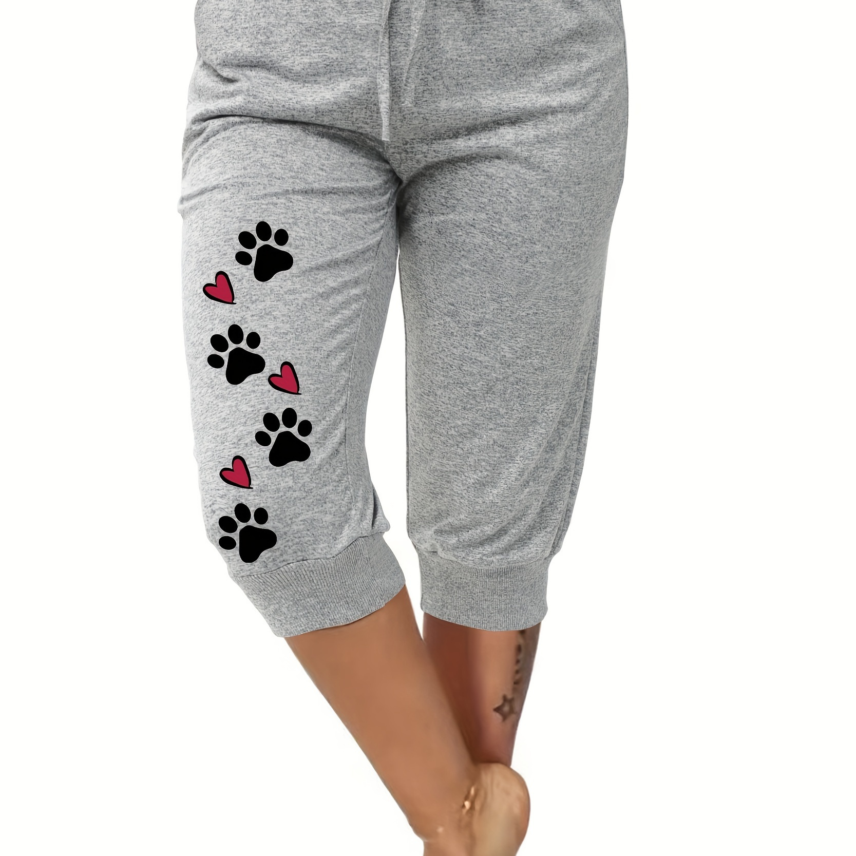 

Paw & Heart Print Cropped Jogger Pants, Casual Drawstring Sporty Pants With Pocket, Women's Clothing