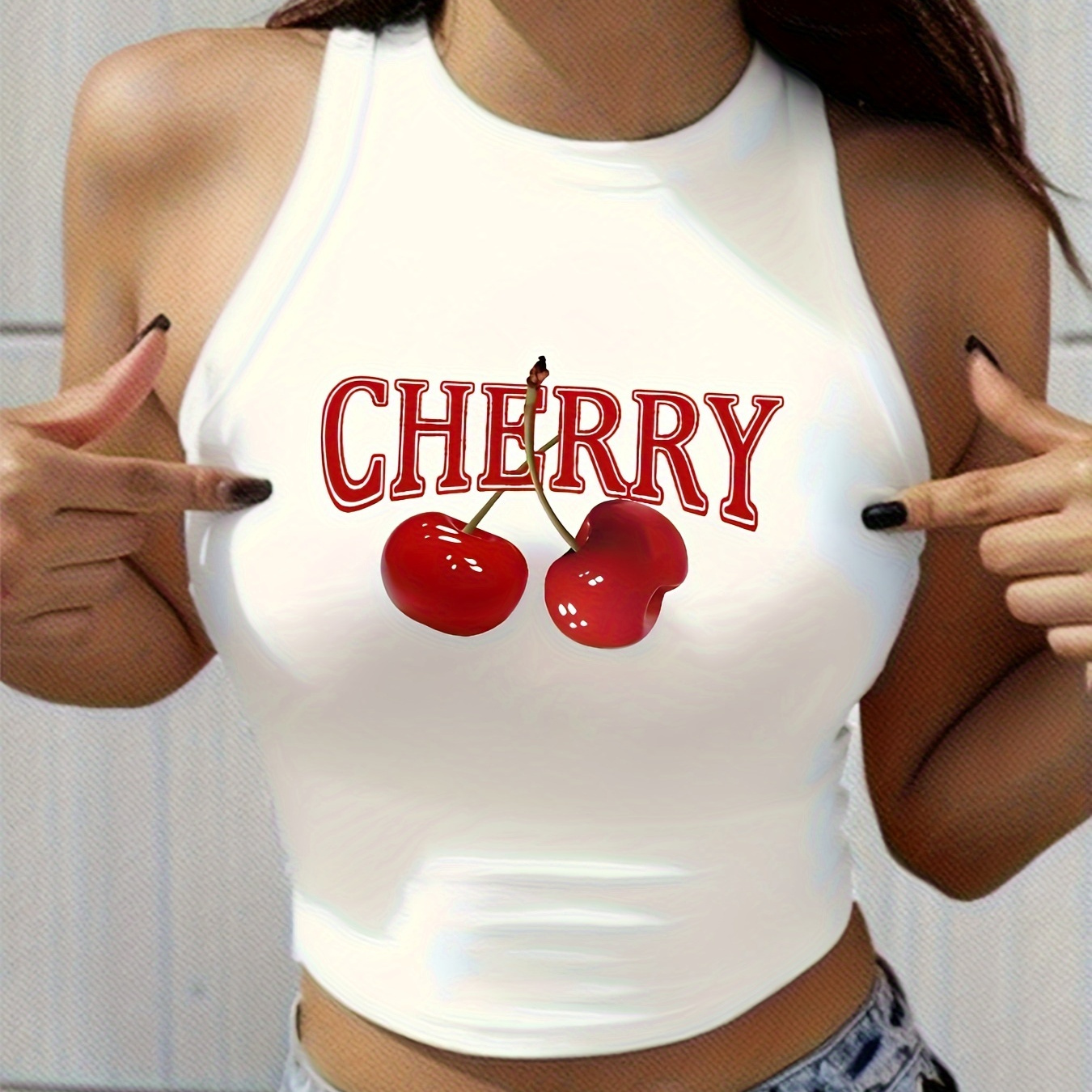

Cherry Print Crop Tank Top, Sleeveless Casual Top For Summer & Spring, Women's Clothing