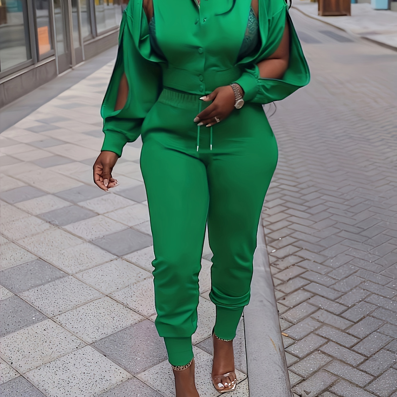

Stylish Solid Two-piece Set, Button Front Split Sleeve Zipper Jacket & Drawstring Pants Outfits, Women's Clothing