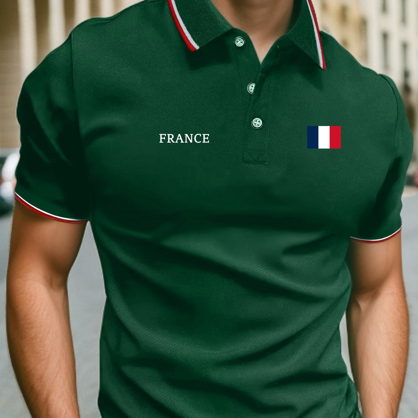 

Chemise Décontractée pour Homme avec Imprimé France - Respirante à Manches Courtes, Verte avec Rayures Rouges et Blanches, Col , Polyester Léger pour l'Été