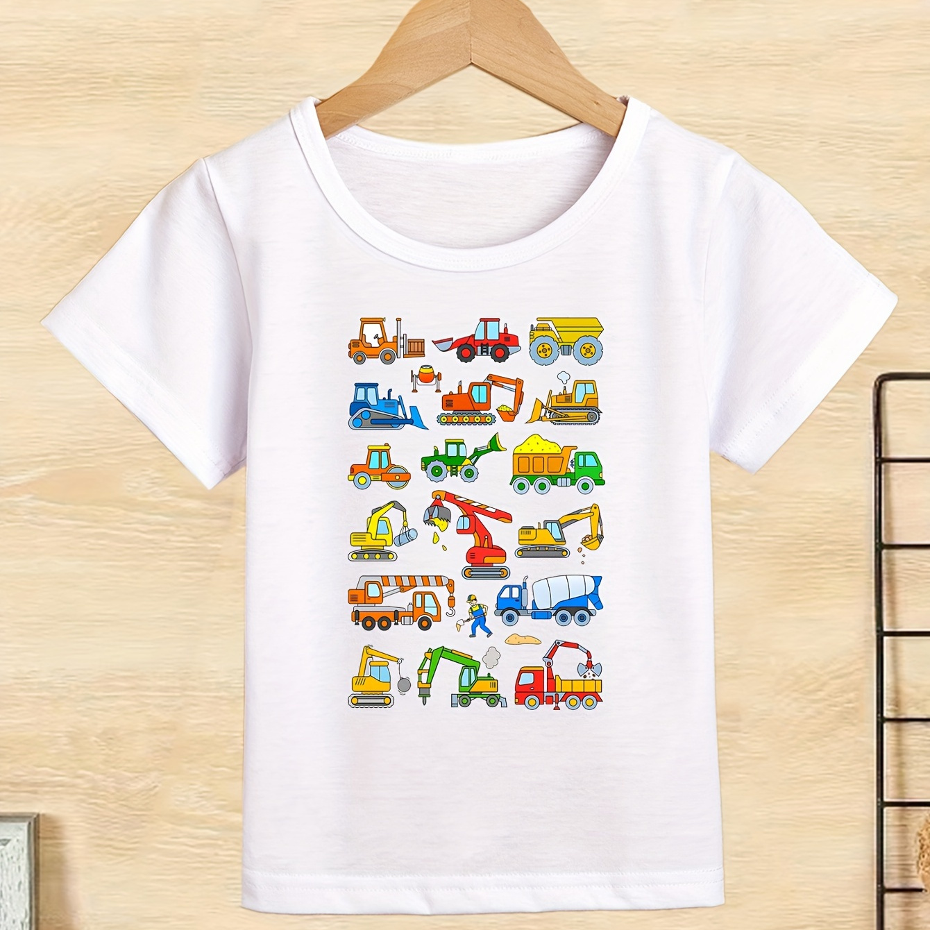 

Cool Boy's Bulldozer Excavator Dump And Truck Print Print Boys Creative T-shirt, Casual Lightweight Comfy Short Sleeve Crew Neck Tee Tops, Kids Clothings For Summer